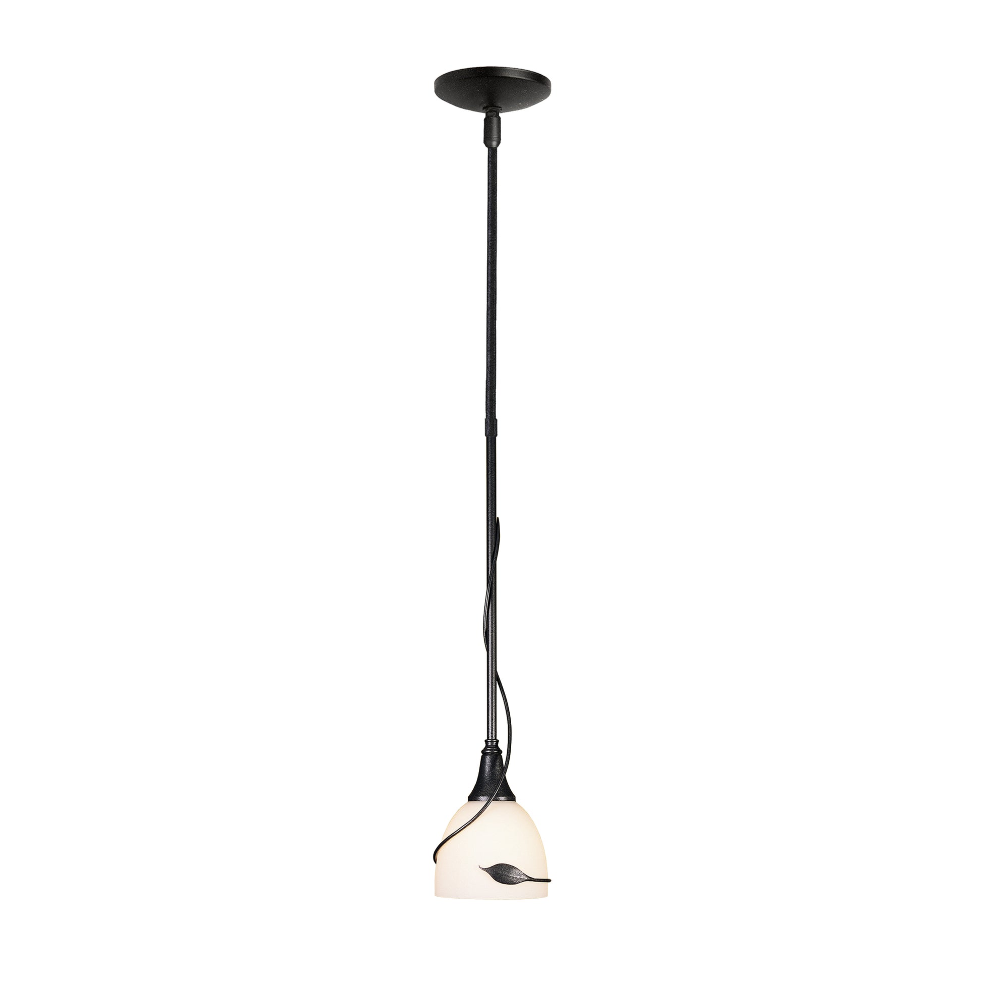 A handcrafted in Vermont, USA Twining Leaf Mini Pendant with a white glass shade from Hubbardton Forge lighting.