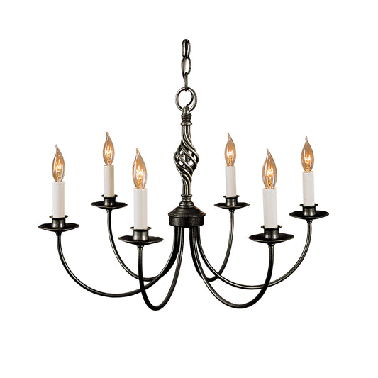 This classic Hubbardton Forge chandelier, the Twist Basket 6-Arm Chandelier, features a twist basket design, with six candles and a black finish that exudes enduring style.
