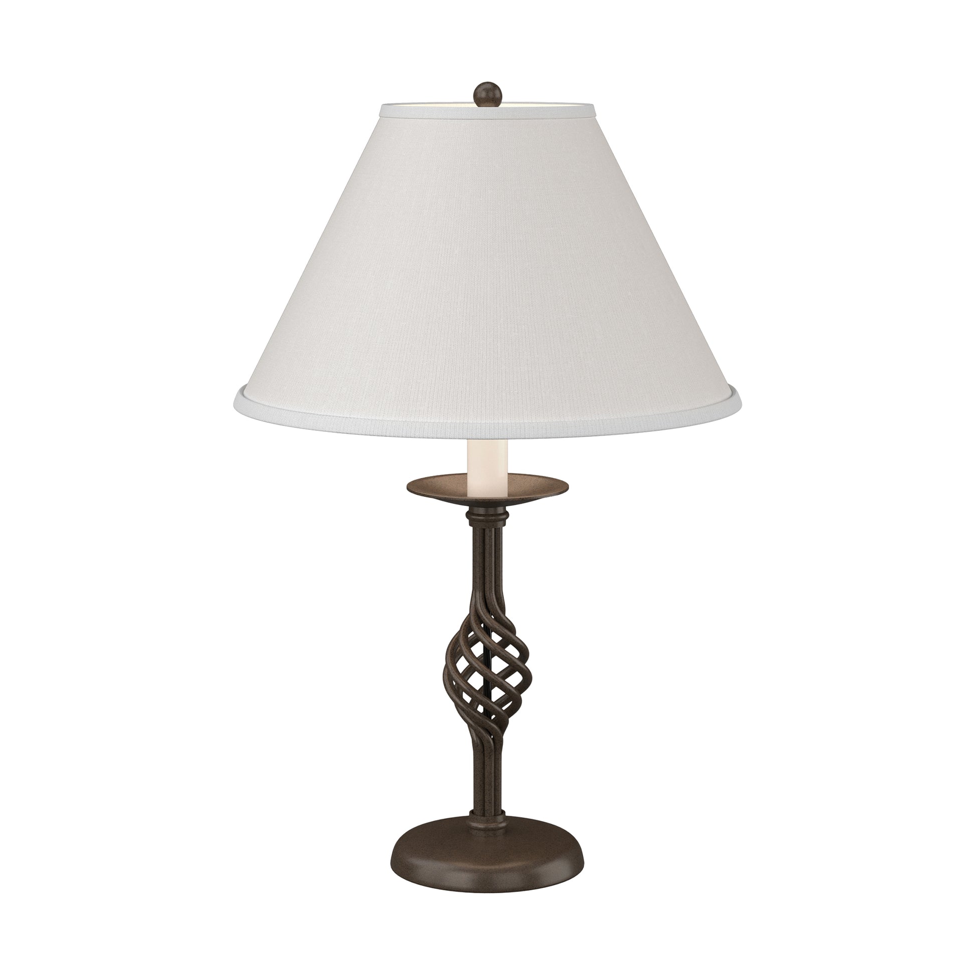 Twist Basket Table Lamp by Hubbardton Forge with a handcrafted bronze twisted base and white shade, showcasing fine American craftsmanship.