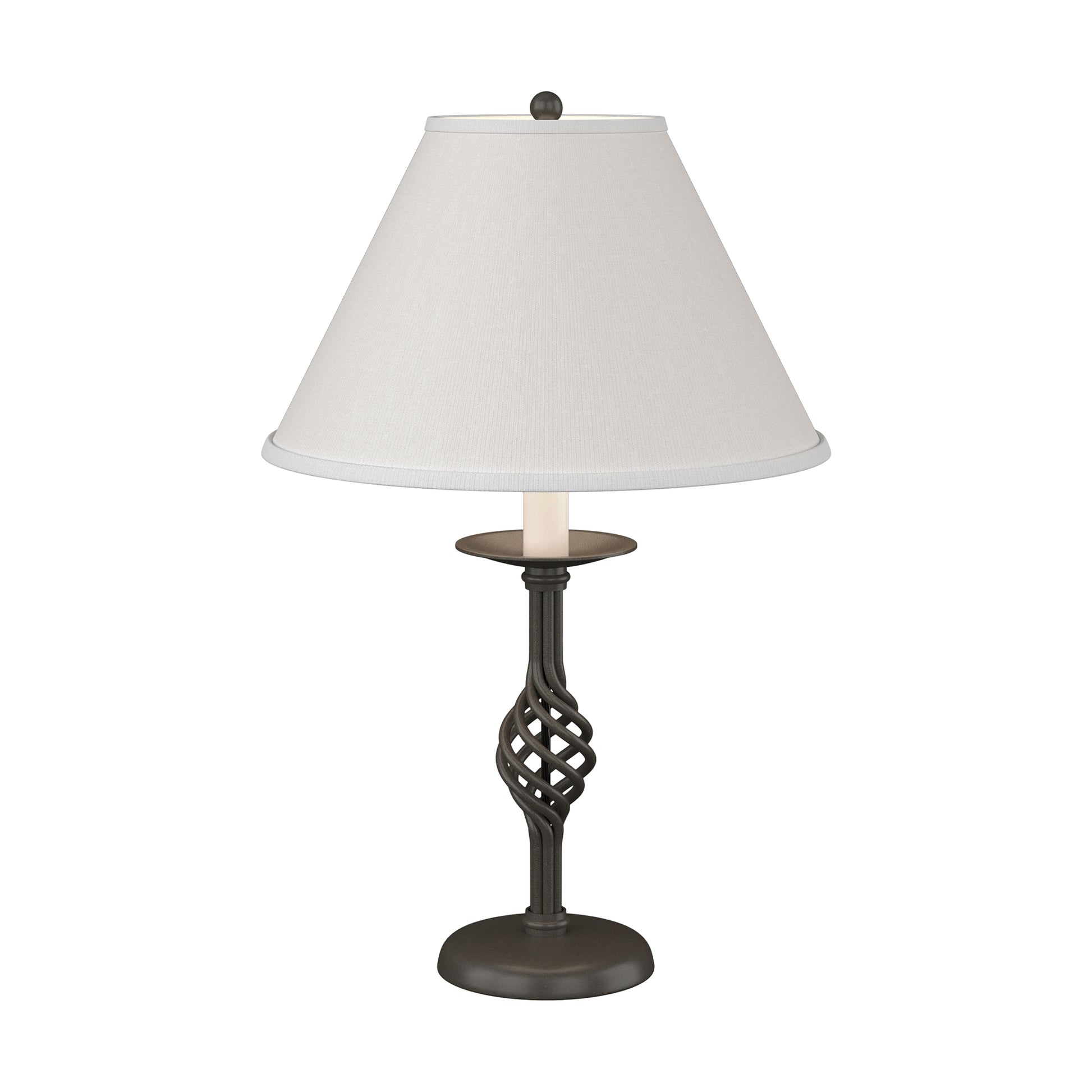 Twist Basket Table Lamp by Hubbardton Forge with a distinctive twisted metal base and white tapered shade, showcasing elegant American made craftsmanship.