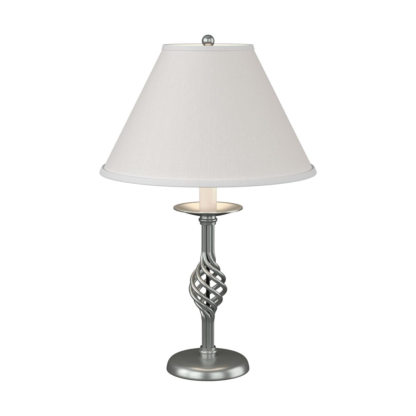 Twist Basket Table Lamp featuring a hand-forged, twisted metal base and a wide white fabric shade by Hubbardton Forge.