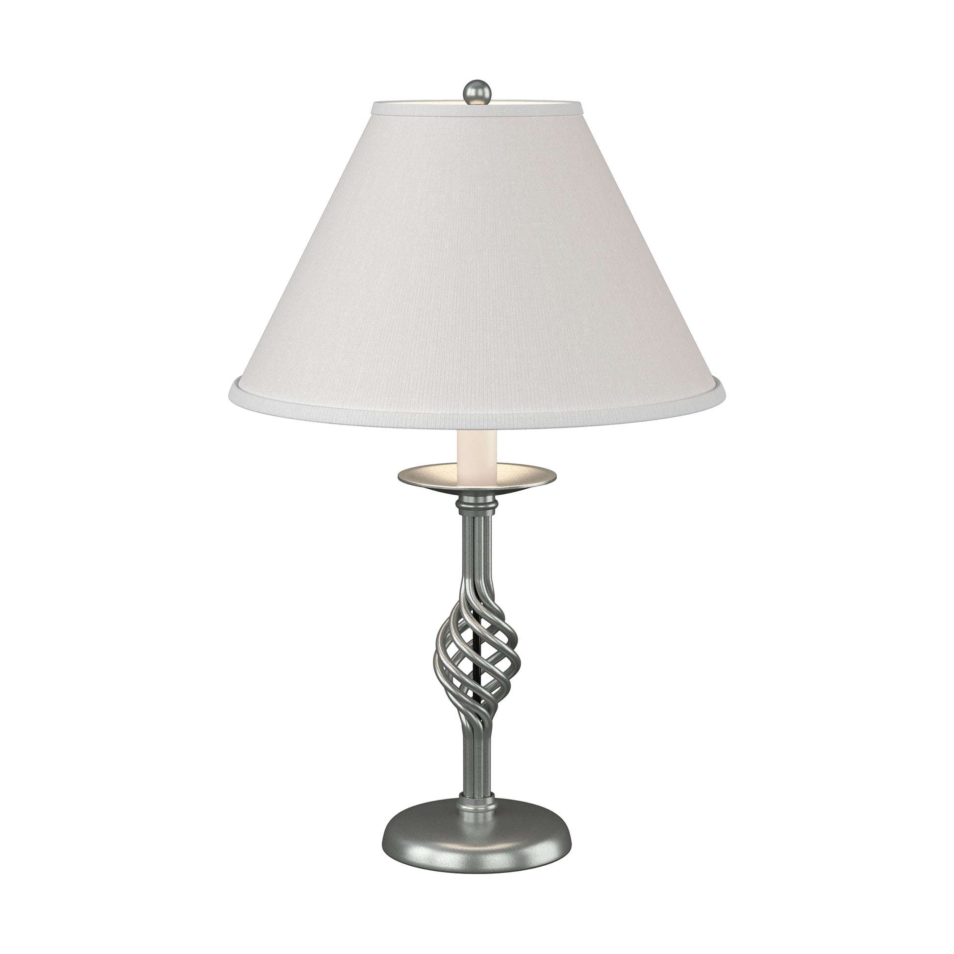 Twist Basket Table Lamp featuring a hand-forged, twisted metal base and a wide white fabric shade by Hubbardton Forge.