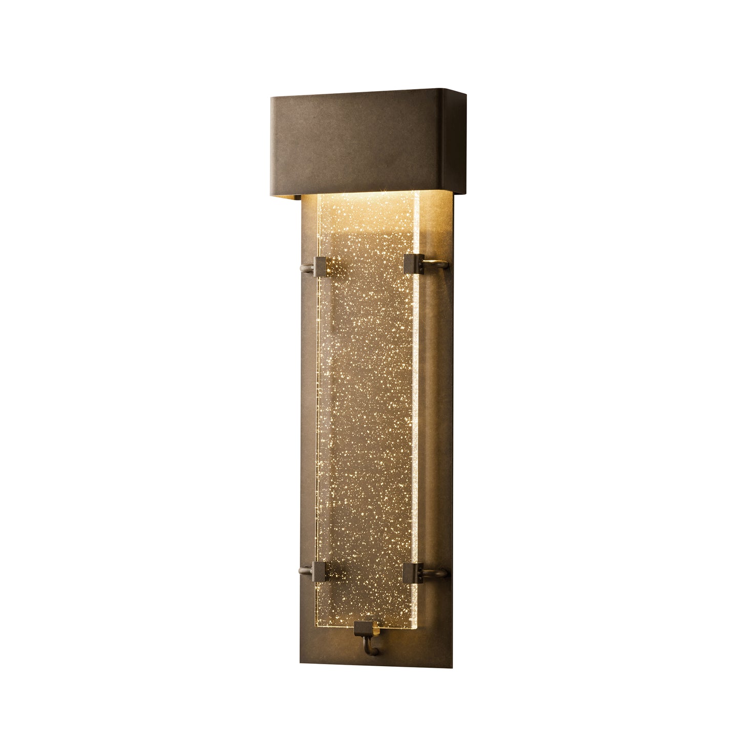 Ursa Large LED Outdoor Sconce by Hubbardton Forge in bronze with artisan glass panel, showcasing quality American craftsmanship and elegant bubble accents.