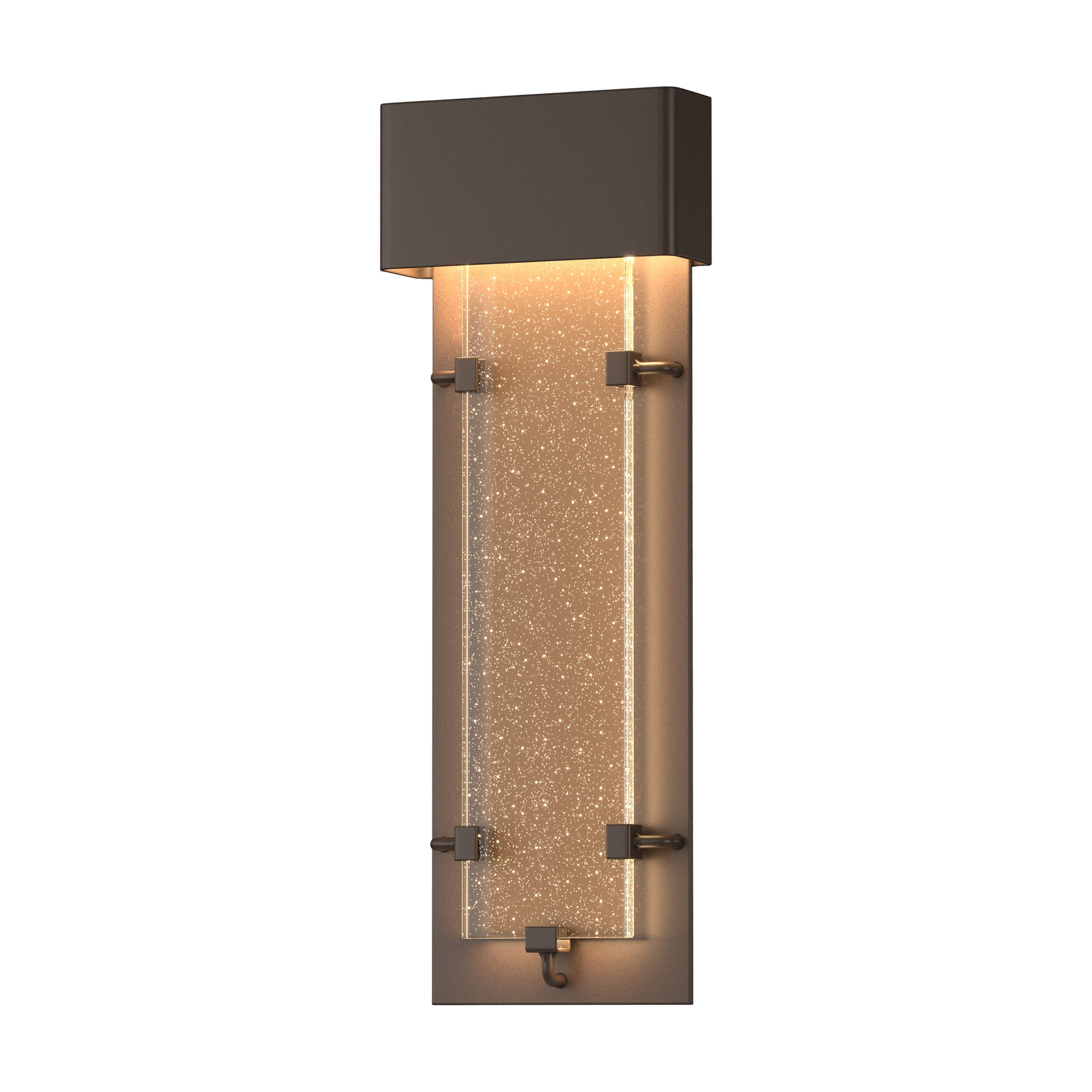 Close-up of the Ursa Large LED Outdoor Sconce by Hubbardton Forge, featuring a dark frame, glowing panel, and bubble-inspired detailing.