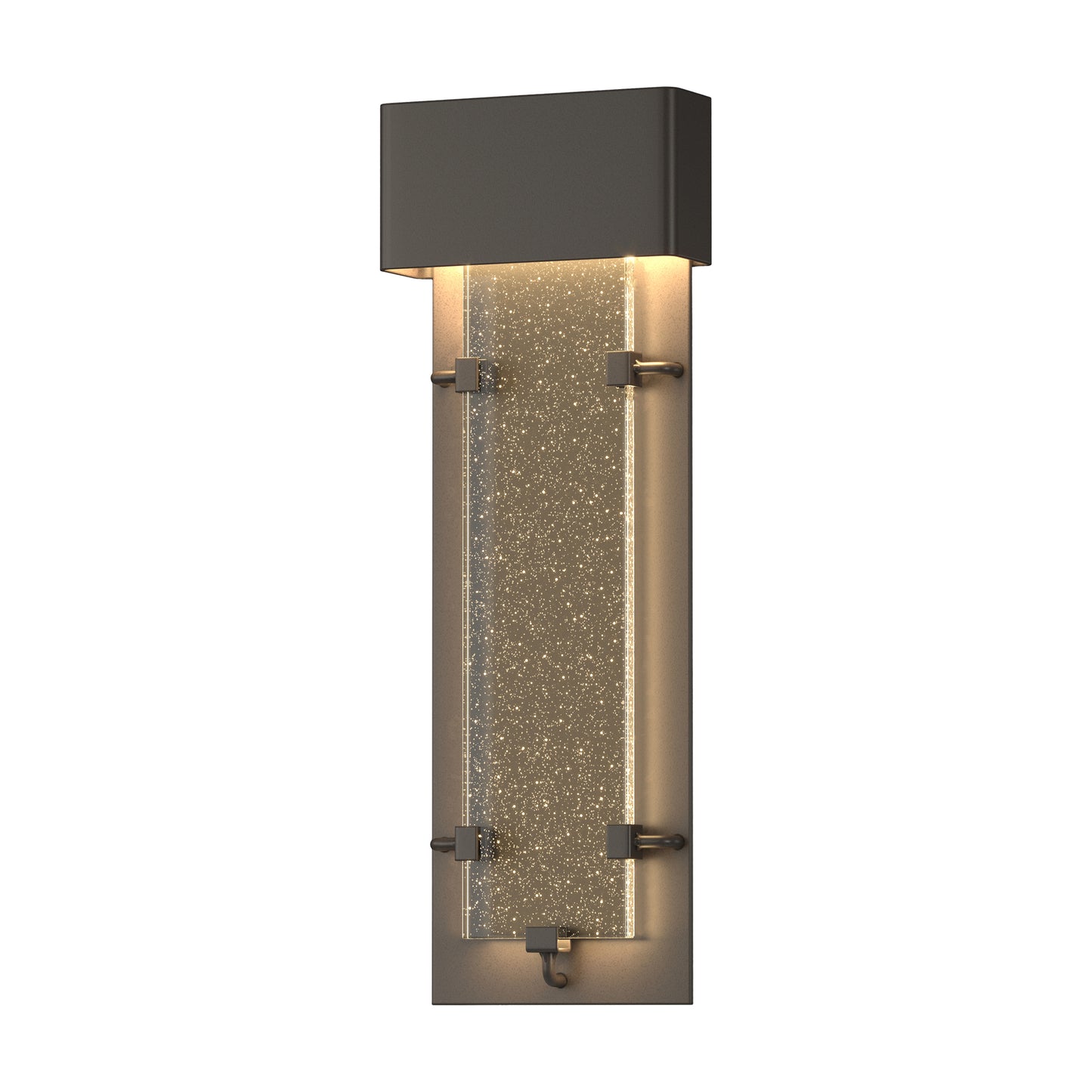 Close-up of the Ursa Large LED Outdoor Sconce by Hubbardton Forge, showcasing its dark frame, textured glass, and modern American craftsmanship.