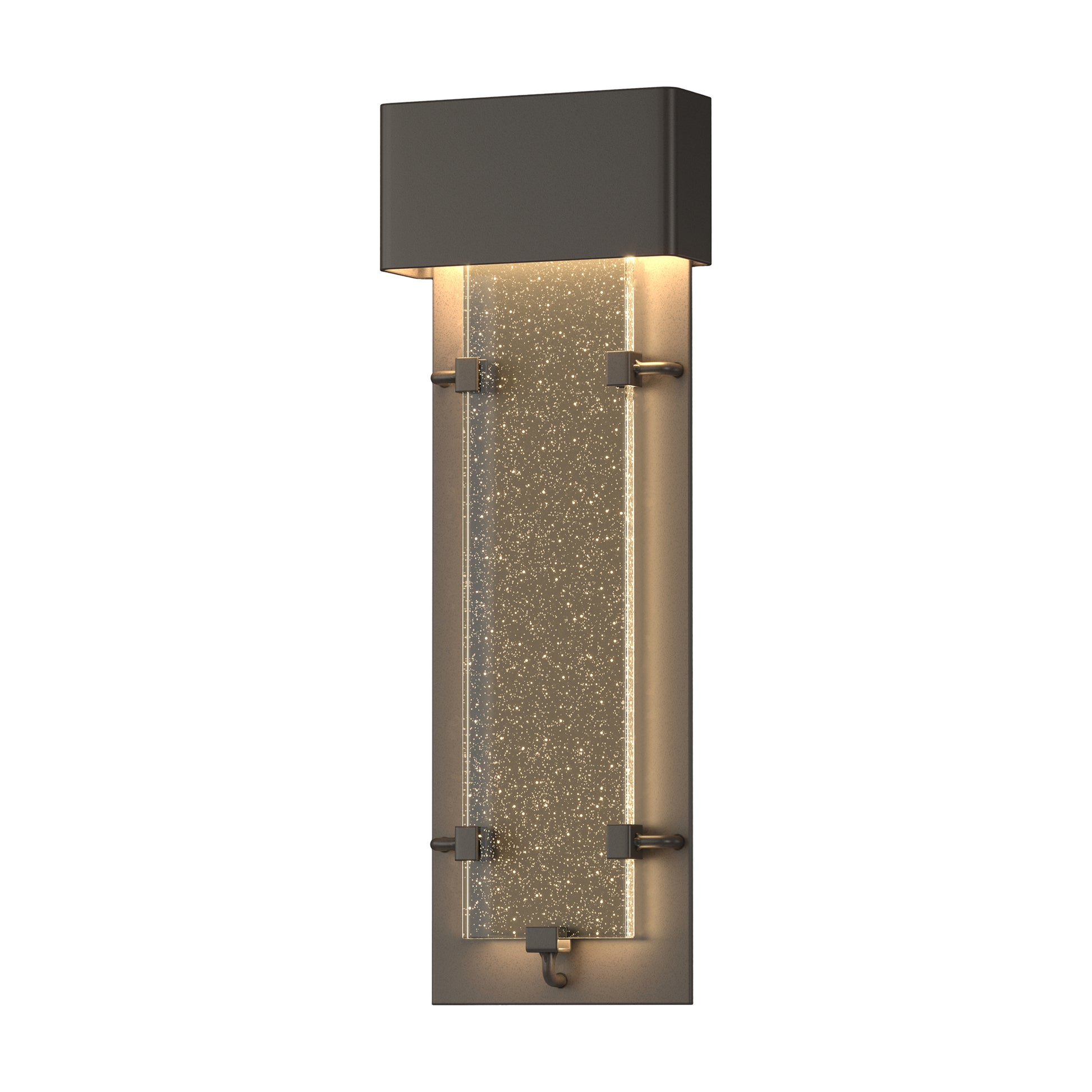 Close-up of the Ursa Large LED Outdoor Sconce by Hubbardton Forge, showcasing its dark frame, textured glass, and modern American craftsmanship.