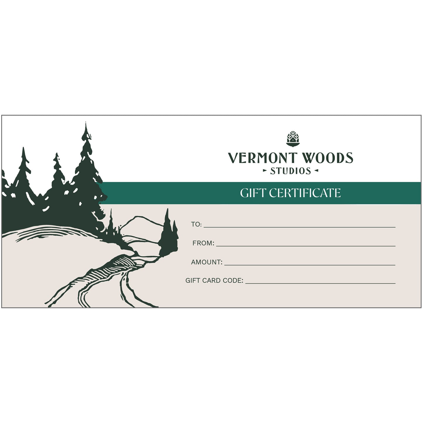 Vermont Woods Studios Gift Certificate featuring a prominent space for recipient details, ideal for fans of the brand's high-quality American-made furniture.