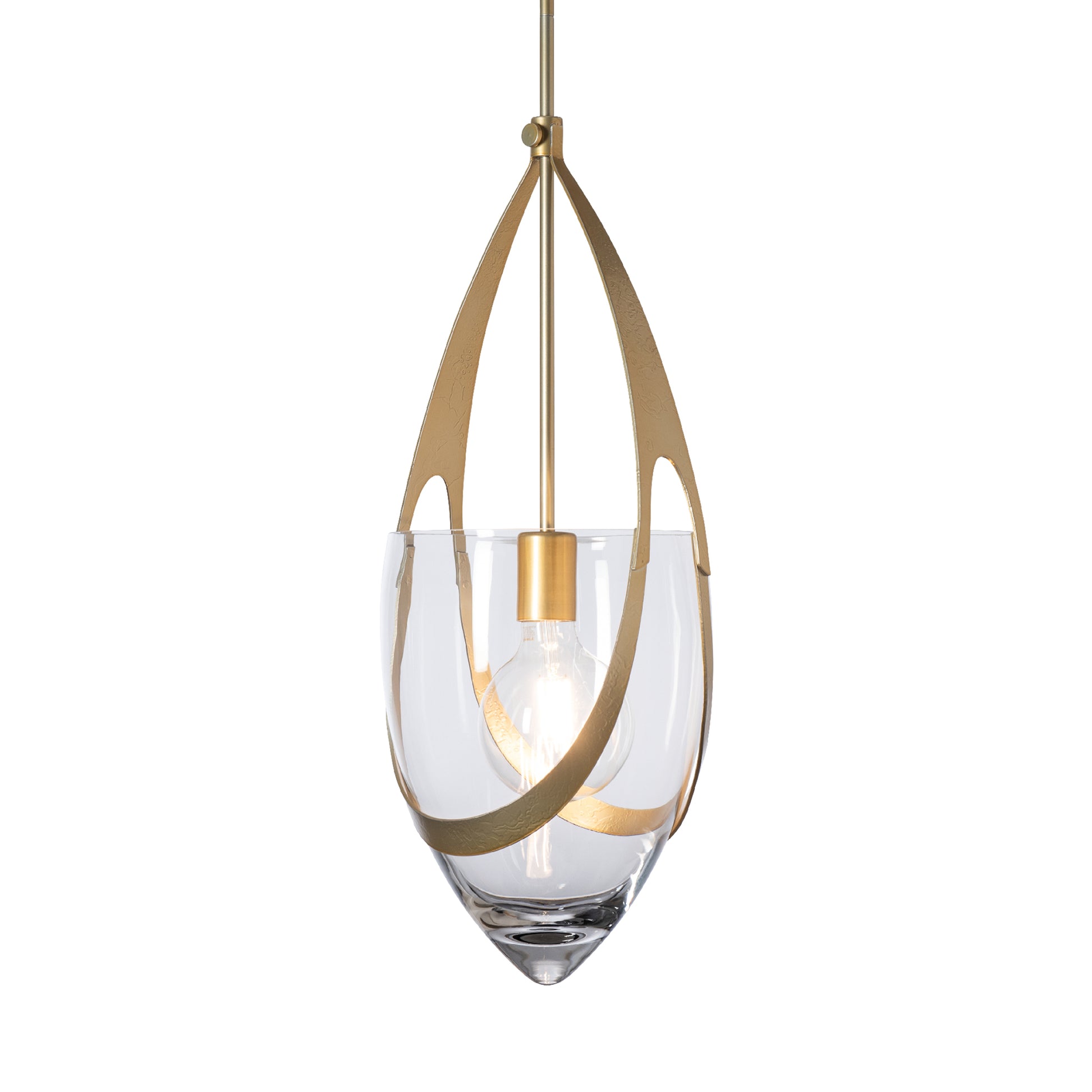 Hubbardton Forge Vaso Pendant features a clear glass shade and gold accents for a modern look, highlighting quality American craftsmanship.