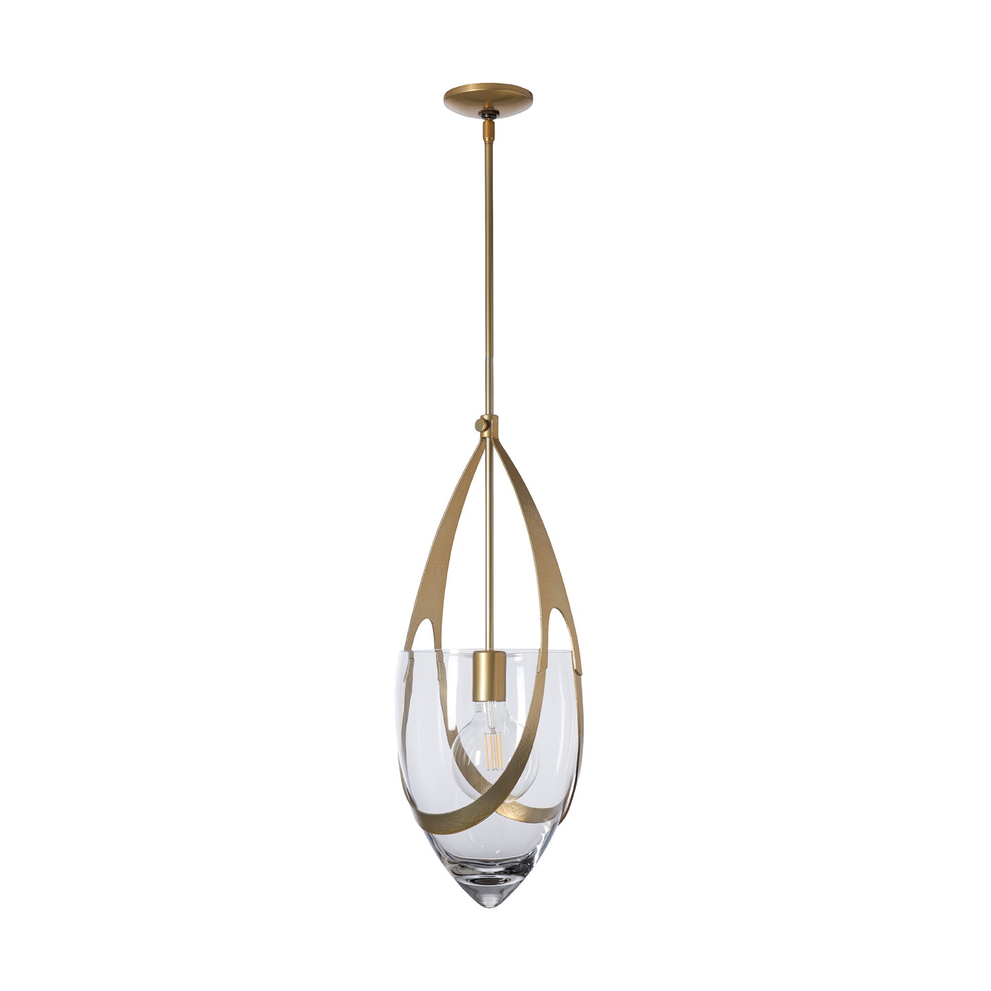 Close-up of the Vaso Pendant by Hubbardton Forge, showcasing its gold frame and clear glass shade as a stylish accent for modern American-made furniture.