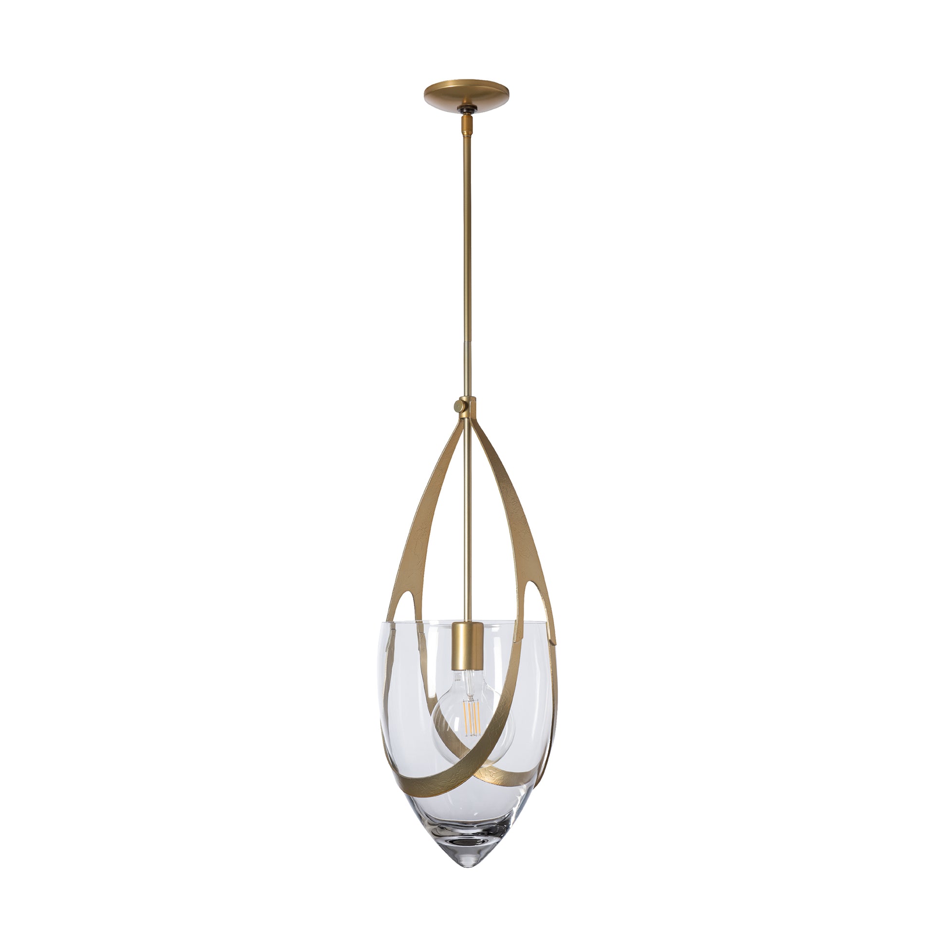 Close-up of the Vaso Pendant by Hubbardton Forge, showcasing its gold frame and clear glass shade as a stylish accent for modern American-made furniture.
