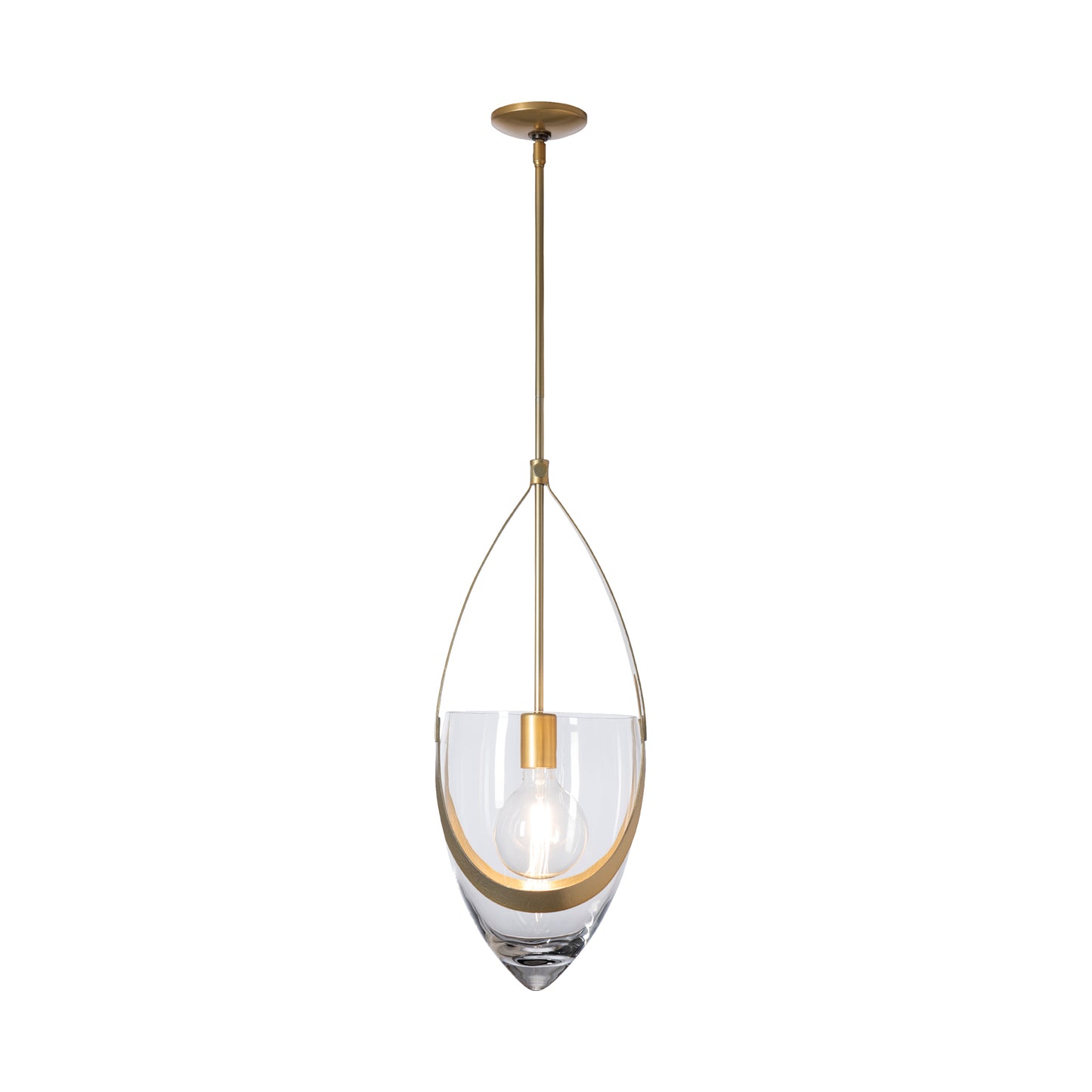 Hubbardton Forge Vaso Pendant lighting with a clear glass shade, gold accents, and single bulb enhances handcrafted American made furniture.