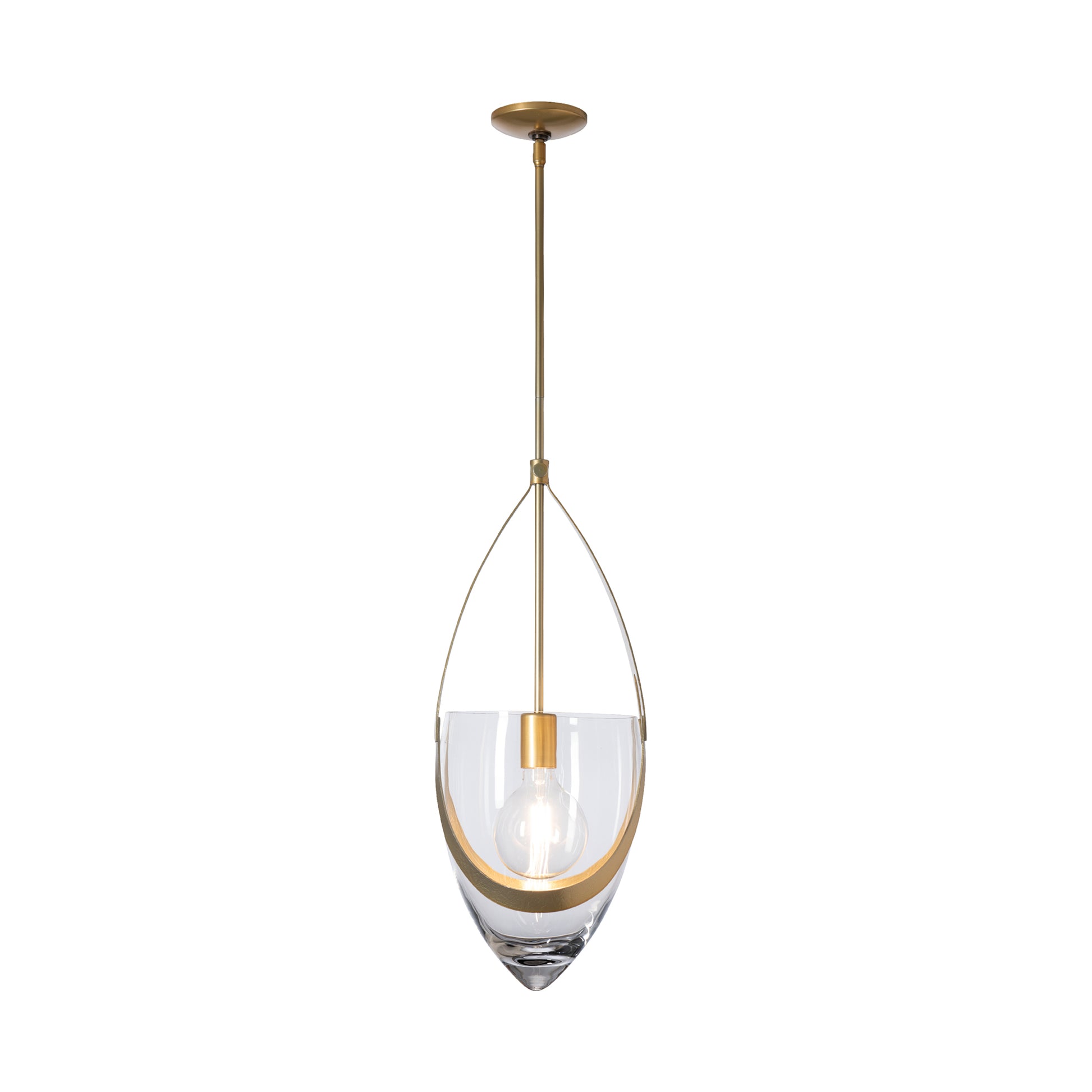 Hubbardton Forge Vaso Pendant lighting with a clear glass shade, gold accents, and single bulb enhances handcrafted American made furniture.