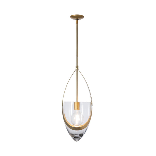 Hubbardton Forge Vaso Pendant lighting with a clear glass shade, gold accents, and single bulb enhances handcrafted American made furniture.