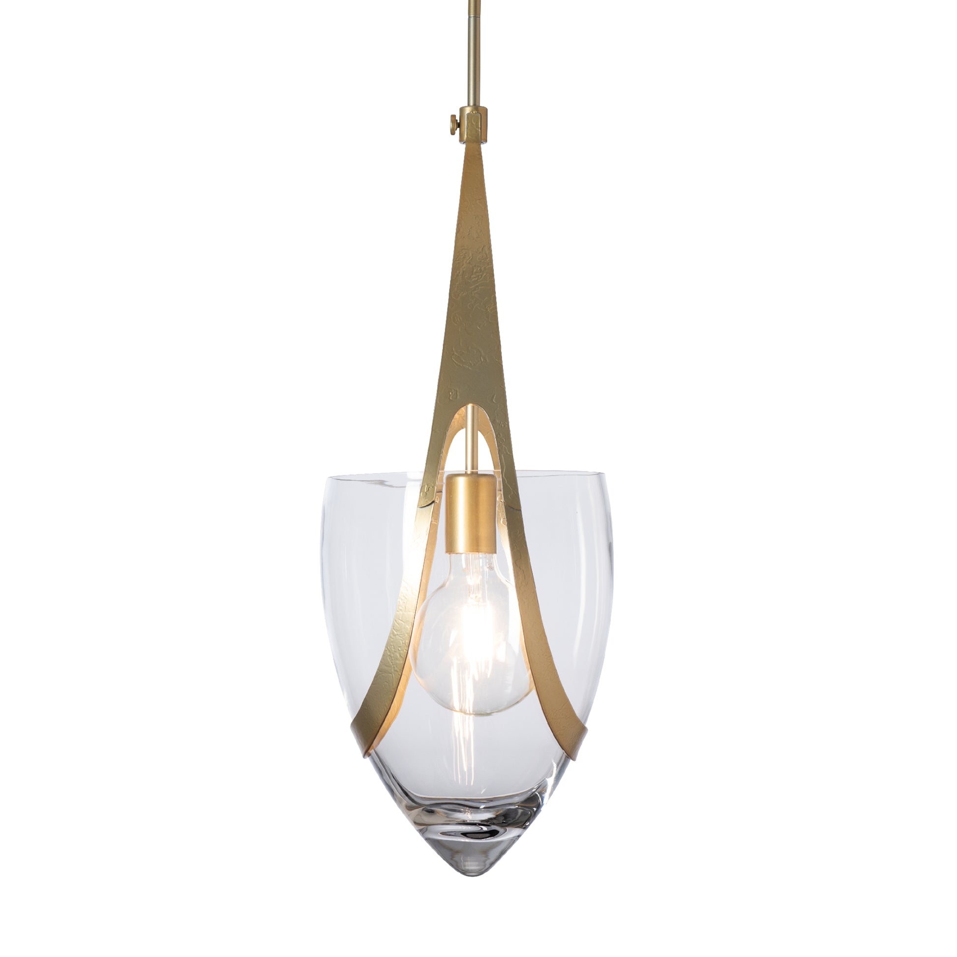 Close-up of the Vaso Pendant by Hubbardton Forge: modern brass frame, clear glass shade, and exposed bulb, crafted to complement fine American-made furniture.