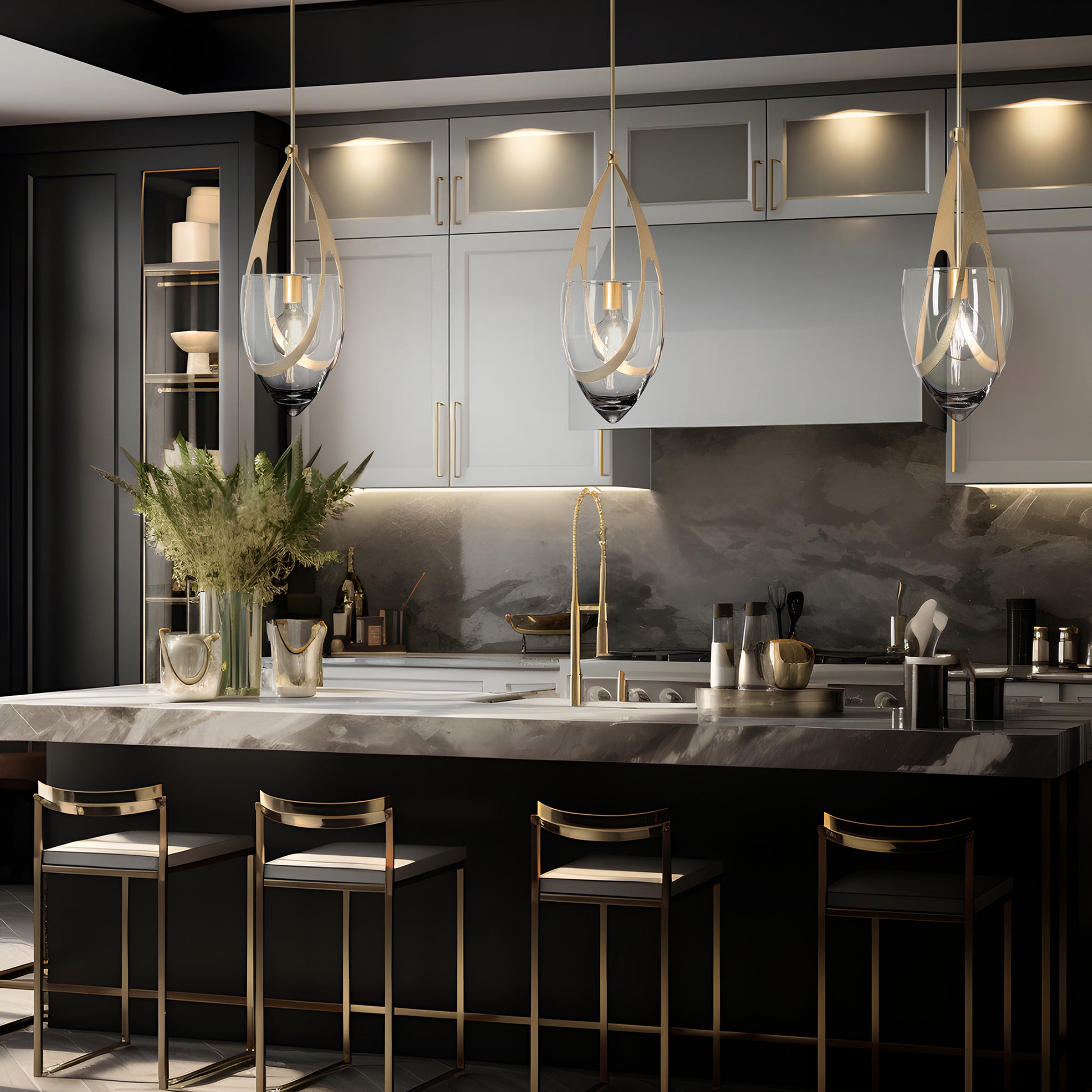 American made bar stools in a modern kitchen with a marble island, highlighting quality craftsmanship and timeless design from Vermont Woods Studios.