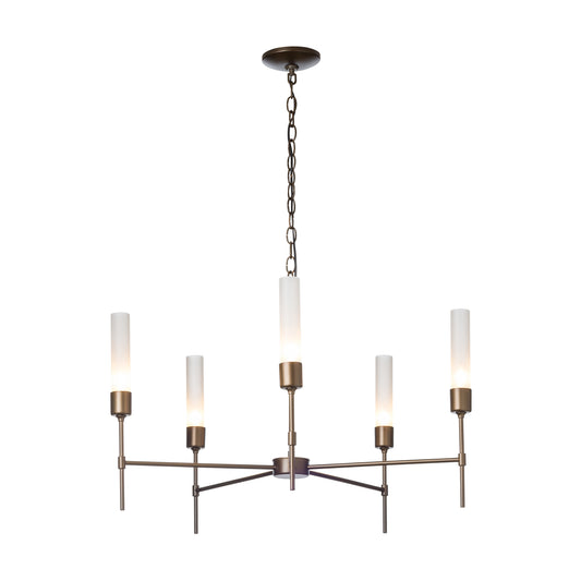 A Hubbardton Forge Vela 5-Arm Chandelier with a brass finish and five lights, featuring an elegant lighting design.