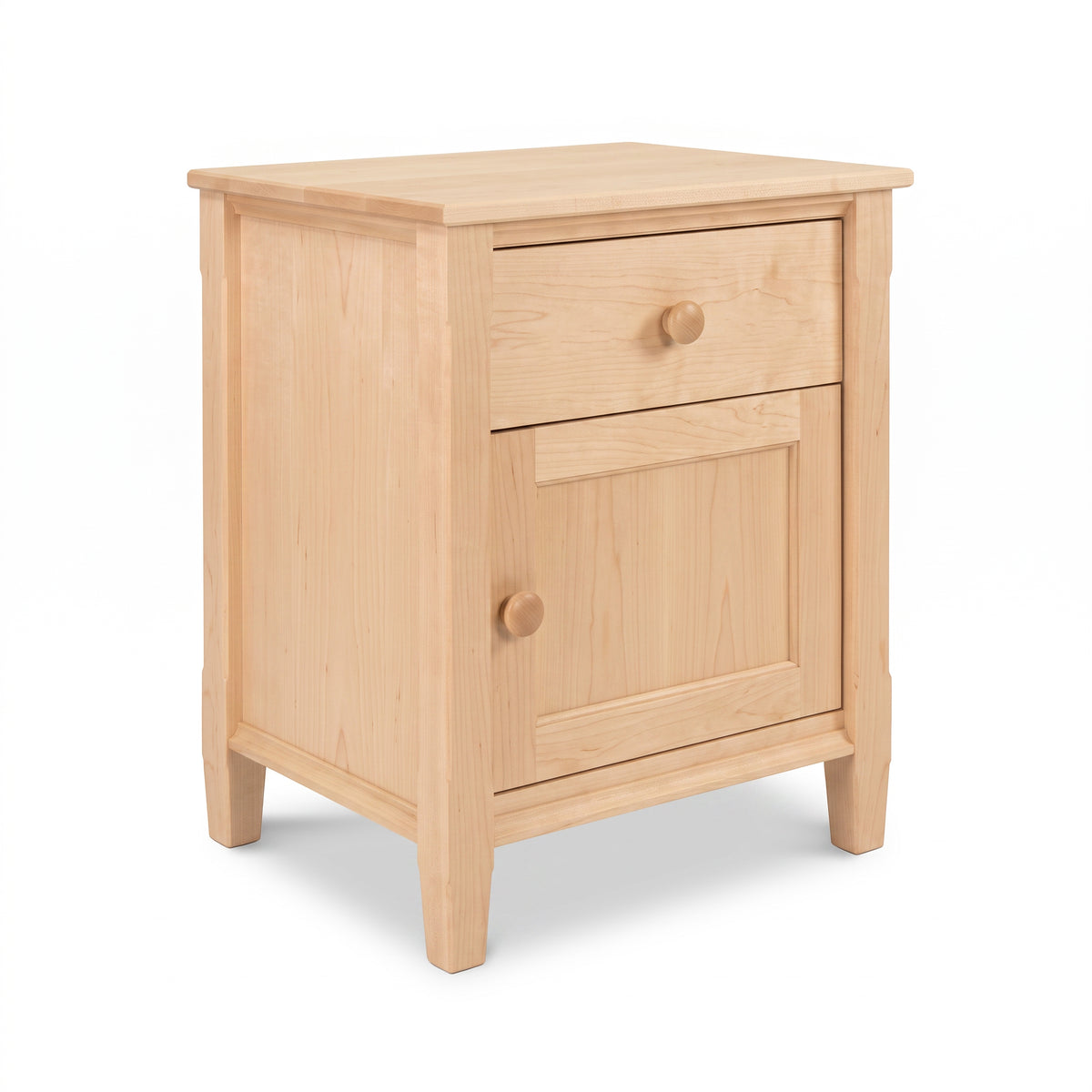 Vermont Shaker 1-Drawer Nightstand by Maple Corner Woodworks, expertly crafted with a single drawer, door, and round wood knob.