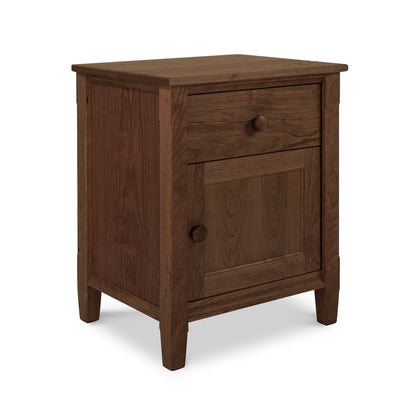 Vermont Shaker 1-Drawer Nightstand with Door made by Maple Corner Woodworks, showcasing a drawer and cabinet door with wooden knobs and a smooth finish.