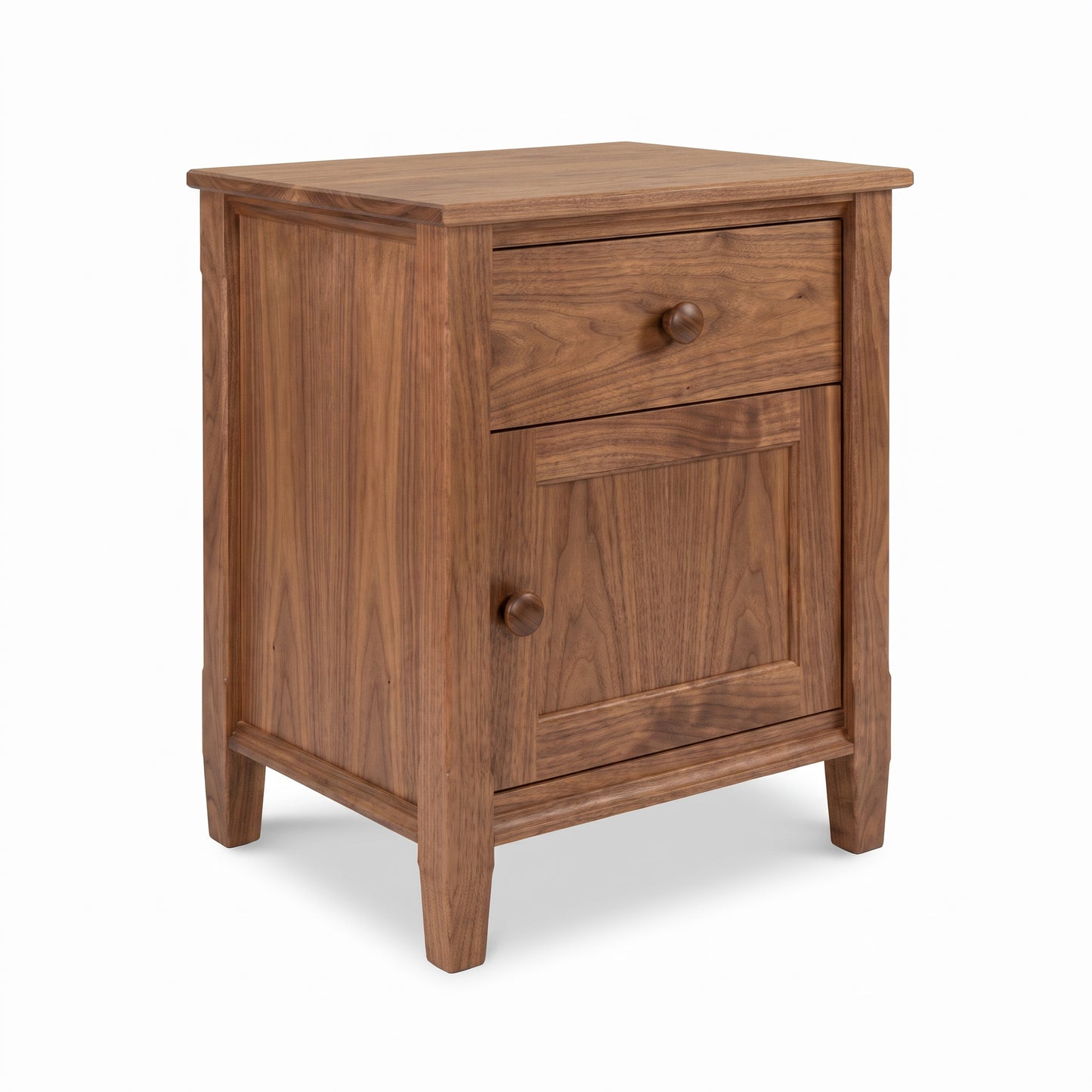 Vermont Shaker 1-drawer nightstand by Maple Corner Woodworks, crafted in natural wood with round wooden knobs and a classic door design.