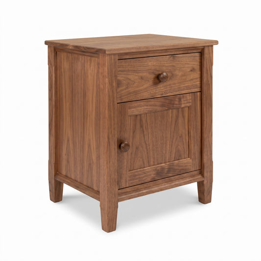 Vermont Shaker 1-drawer nightstand by Maple Corner Woodworks, crafted in natural wood with round wooden knobs and a classic door design.
