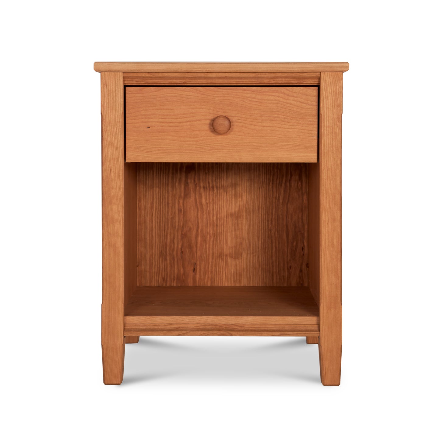 A small Maple Corner Woodworks Vermont Shaker 1-Drawer Enclosed Shelf Nightstand crafted with natural hardwoods, featuring a drawer.