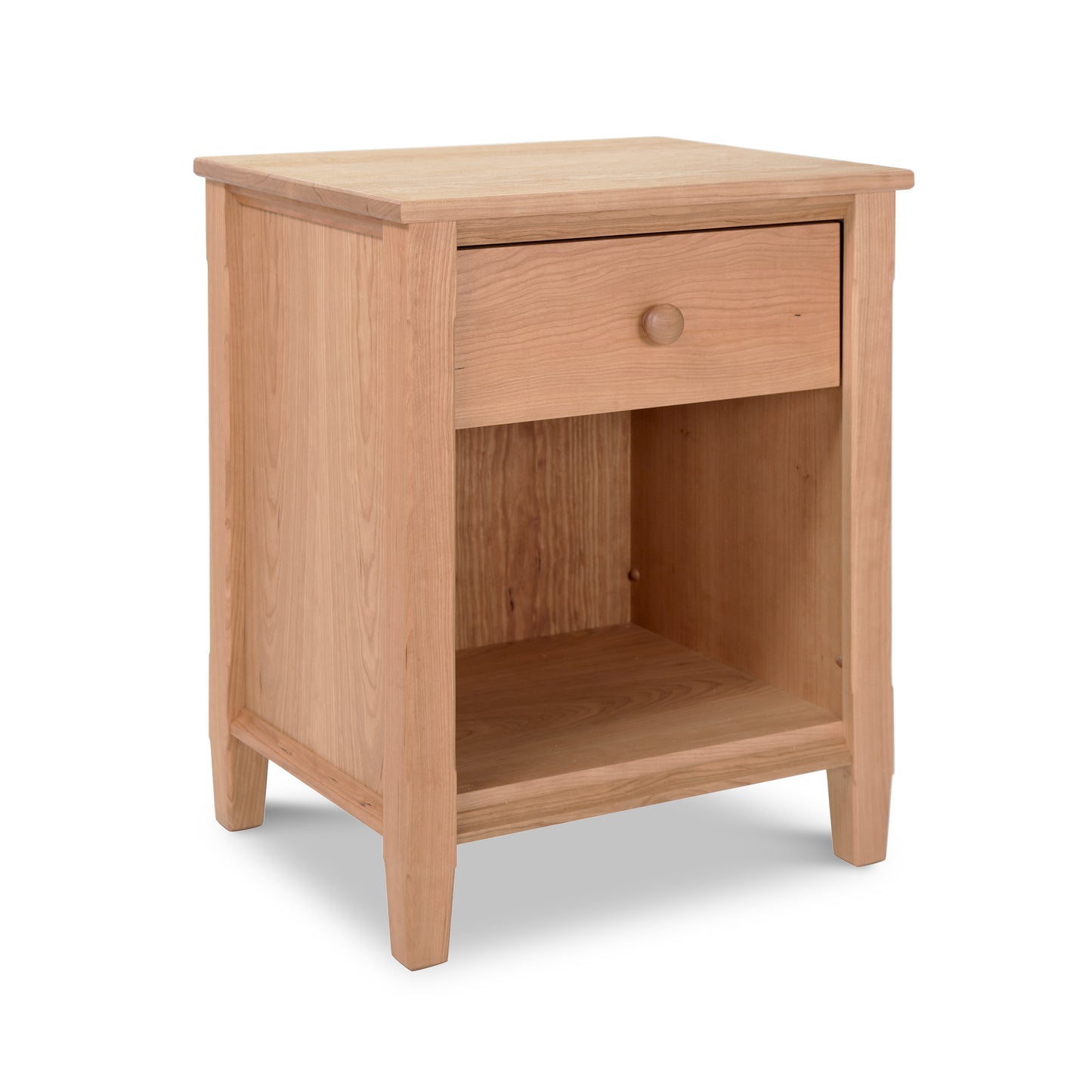 A Maple Corner Woodworks Vermont Shaker 1-Drawer Enclosed Shelf Nightstand crafted with natural hardwoods.