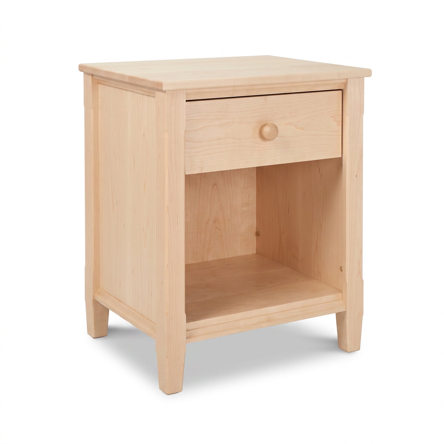 Vermont Shaker 1-Drawer Enclosed Shelf Nightstand in natural maple by Maple Corner Woodworks, showcasing handcrafted American wood furniture.