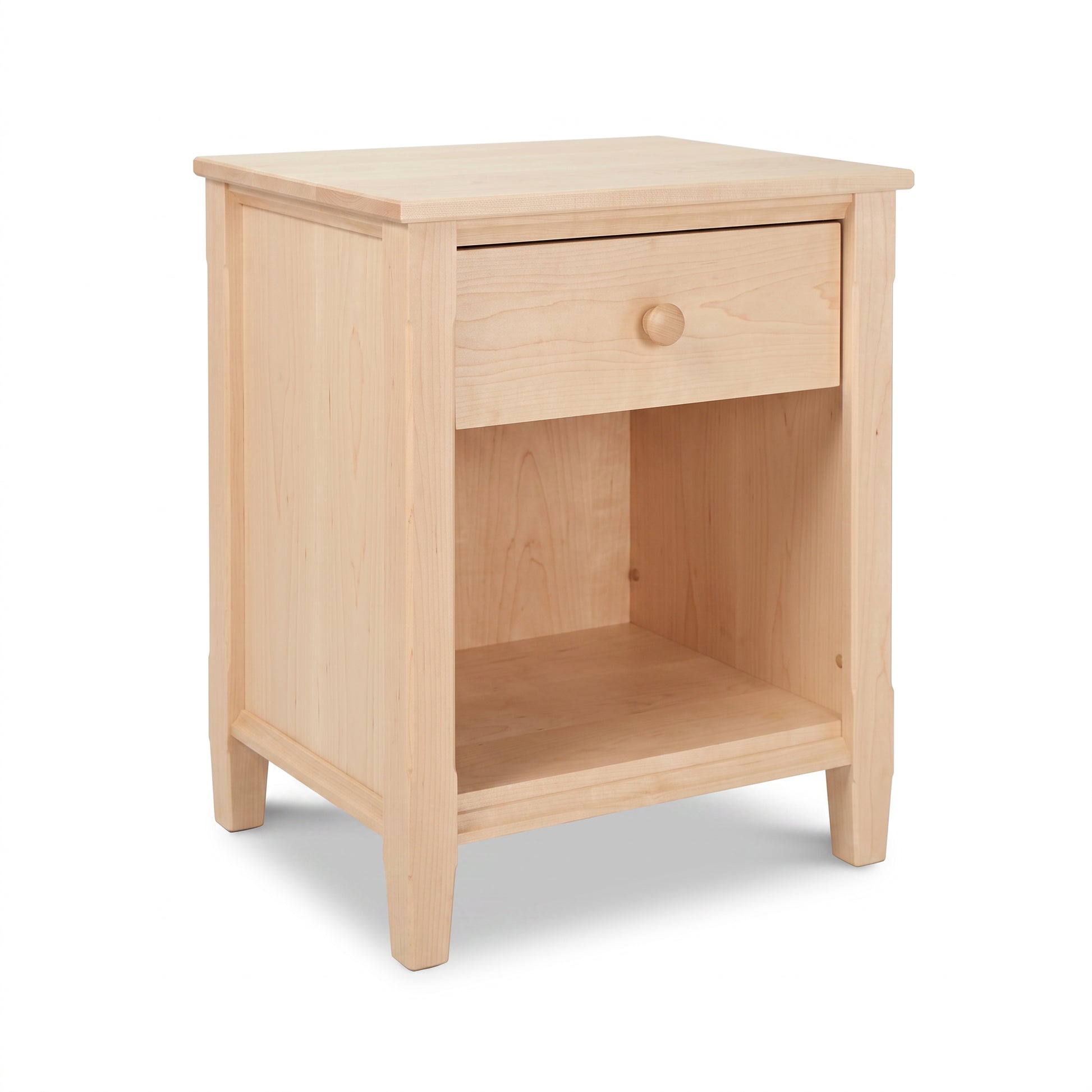 Vermont Shaker 1-Drawer Enclosed Shelf Nightstand in natural maple by Maple Corner Woodworks, showcasing handcrafted American wood furniture.