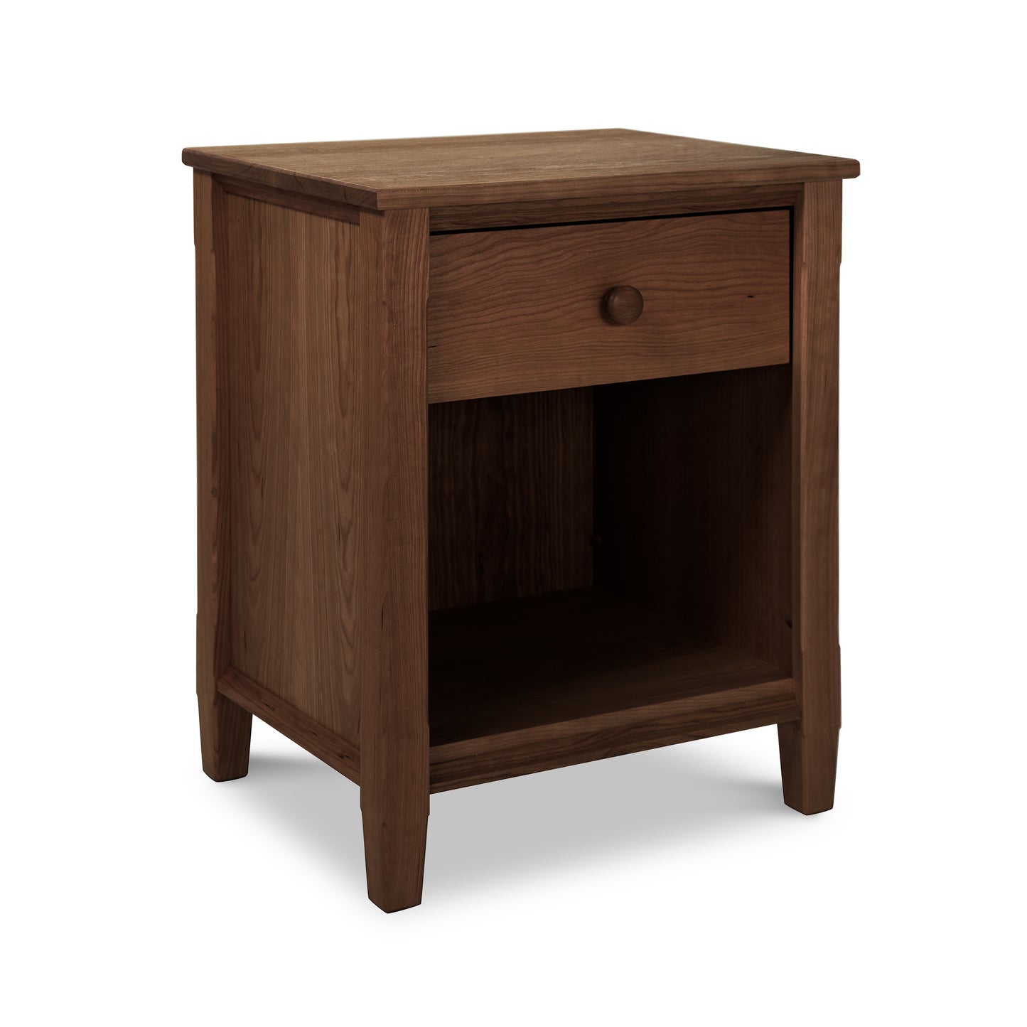 A small Maple Corner Woodworks Vermont Shaker 1-Drawer Enclosed Shelf Nightstand, showcasing exquisite Vermont craftsmanship and made from natural hardwoods.