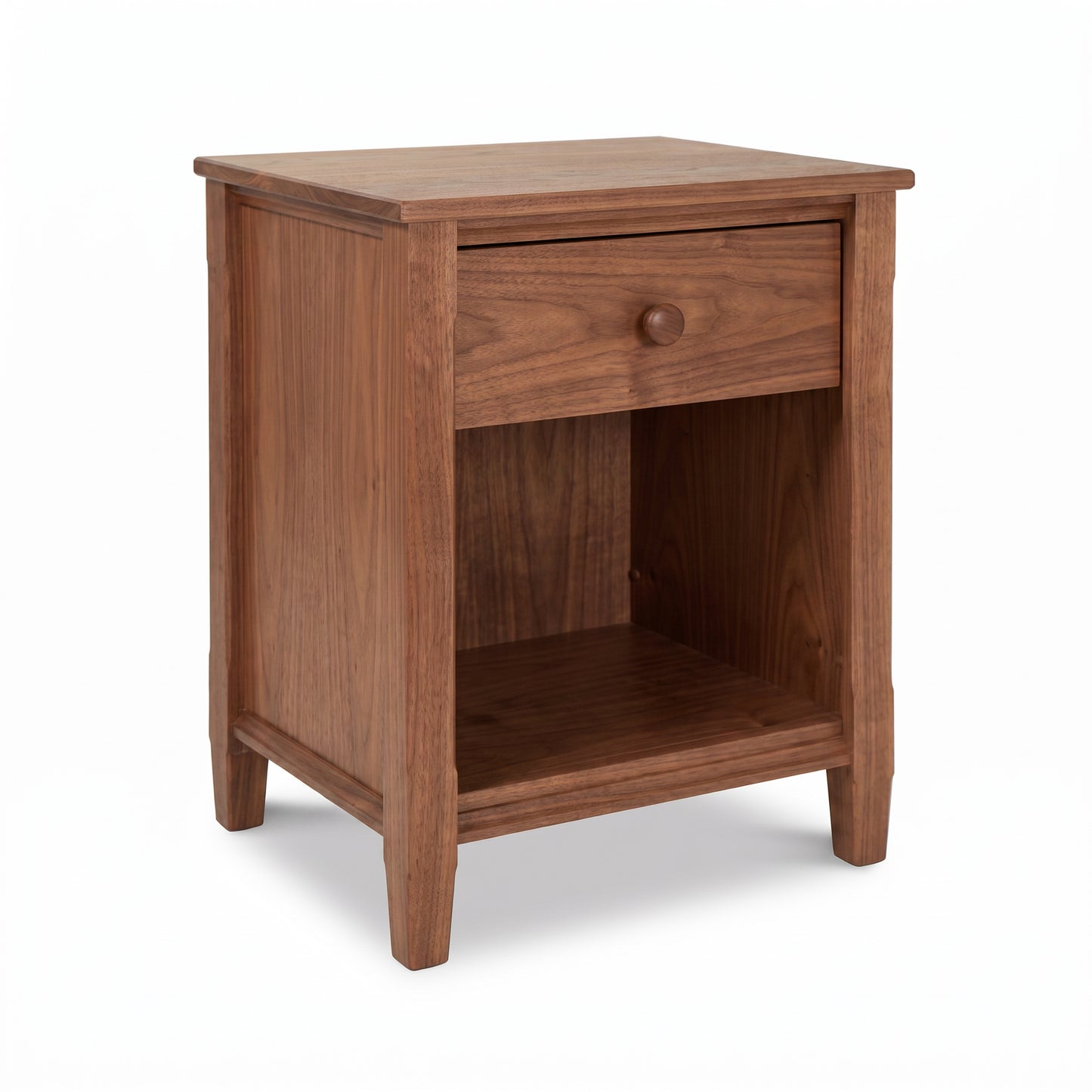 Vermont Shaker 1-Drawer Enclosed Shelf Nightstand by Maple Corner Woodworks in natural cherry hardwood, highlighting fine American craftsmanship.