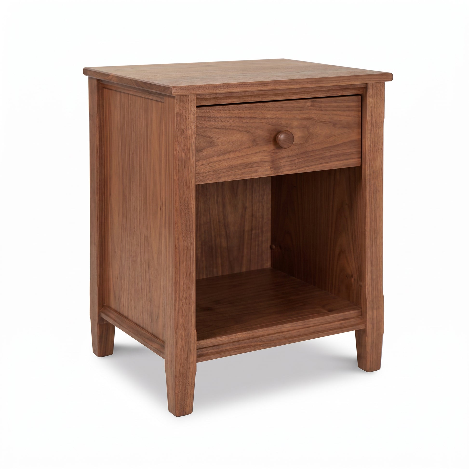 Vermont Shaker 1-Drawer Enclosed Shelf Nightstand by Maple Corner Woodworks in natural cherry hardwood, highlighting fine American craftsmanship.
