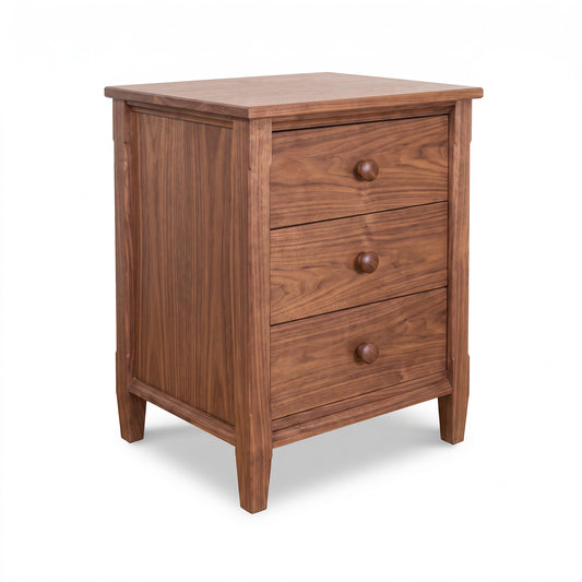 Maple Corner Woodworks Vermont Shaker 3-Drawer Nightstand with round knobs, handcrafted from solid wood in a timeless, American-made design.