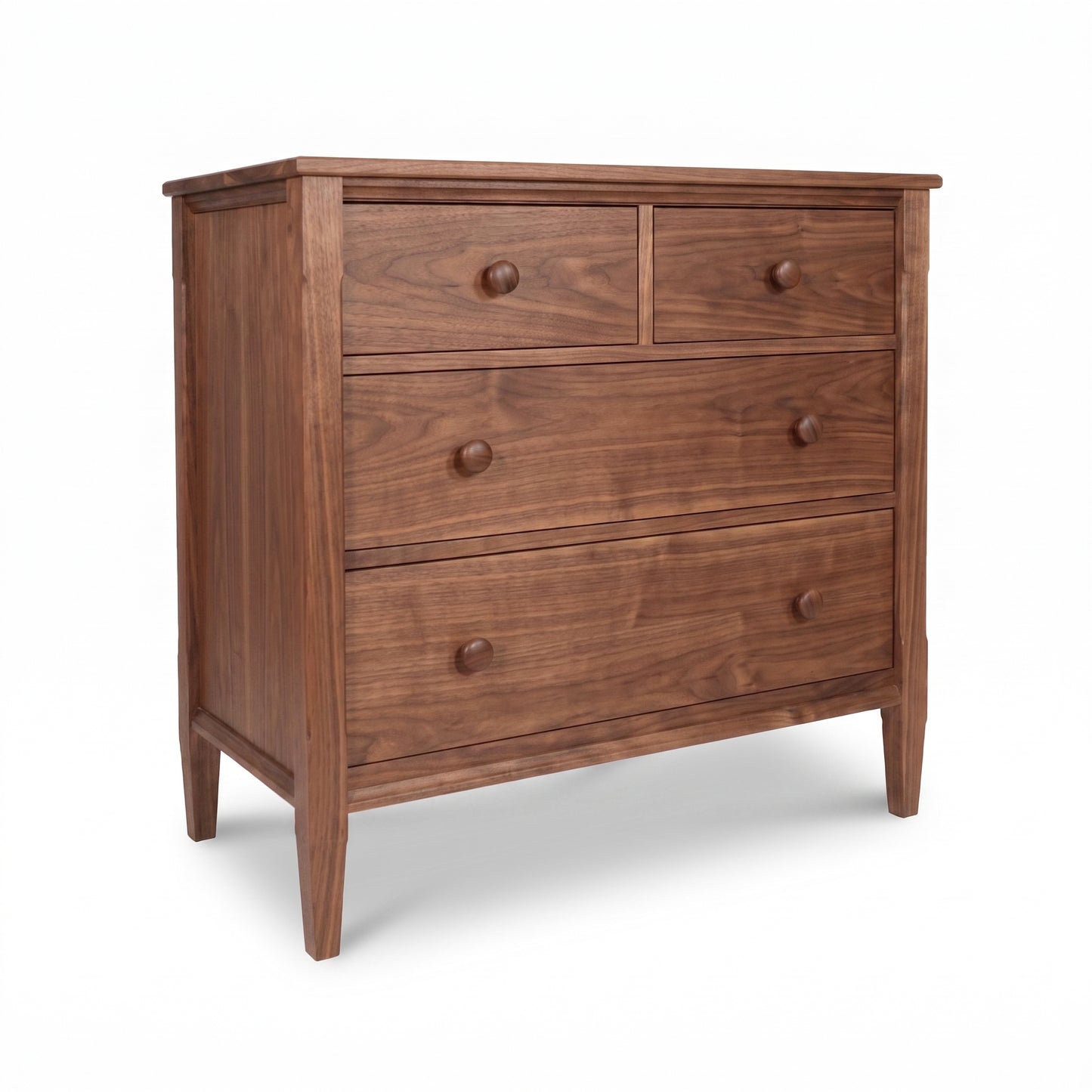 Vermont Shaker 4-Drawer Chest by Maple Corner Woodworks in solid cherry, with round knobs and four straight legs, handcrafted in the USA.