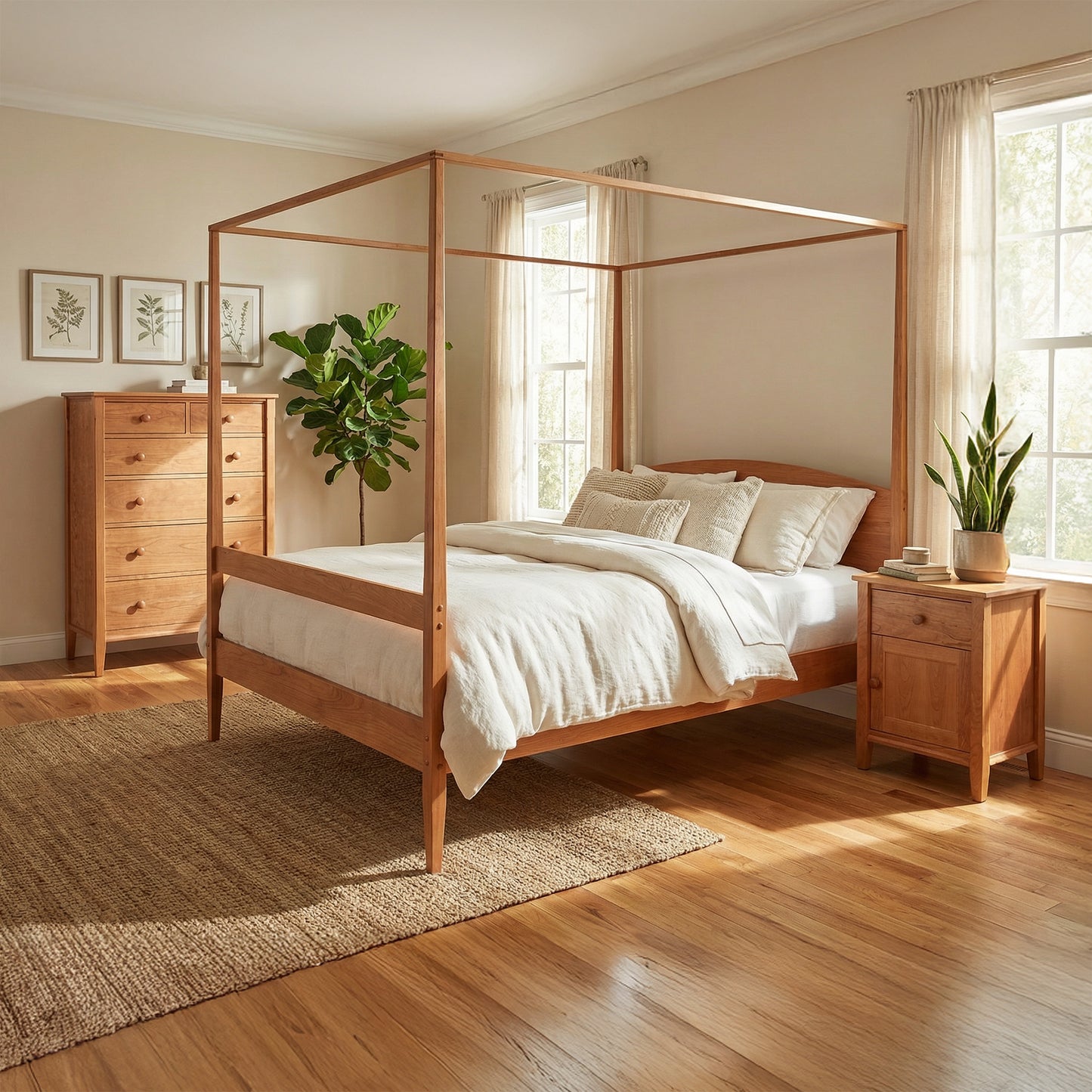 Maple Corner Woodworks Vermont Shaker Four Poster Canopy bed and matching dresser crafted from solid wood, centerpiece of a bright bedroom.