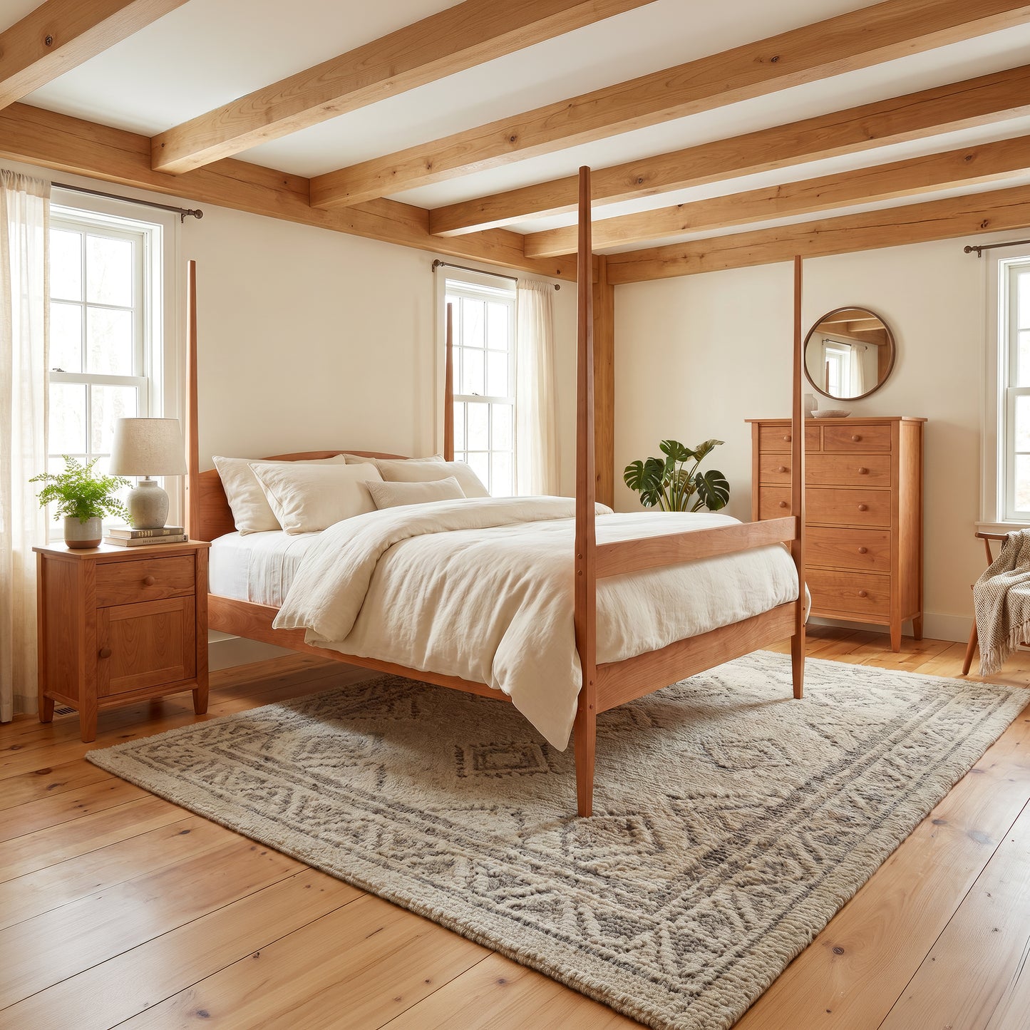 Vermont Shaker Four Poster Bed by Maple Corner Woodworks, dresser, and nightstand featured in an elegant bedroom setting.