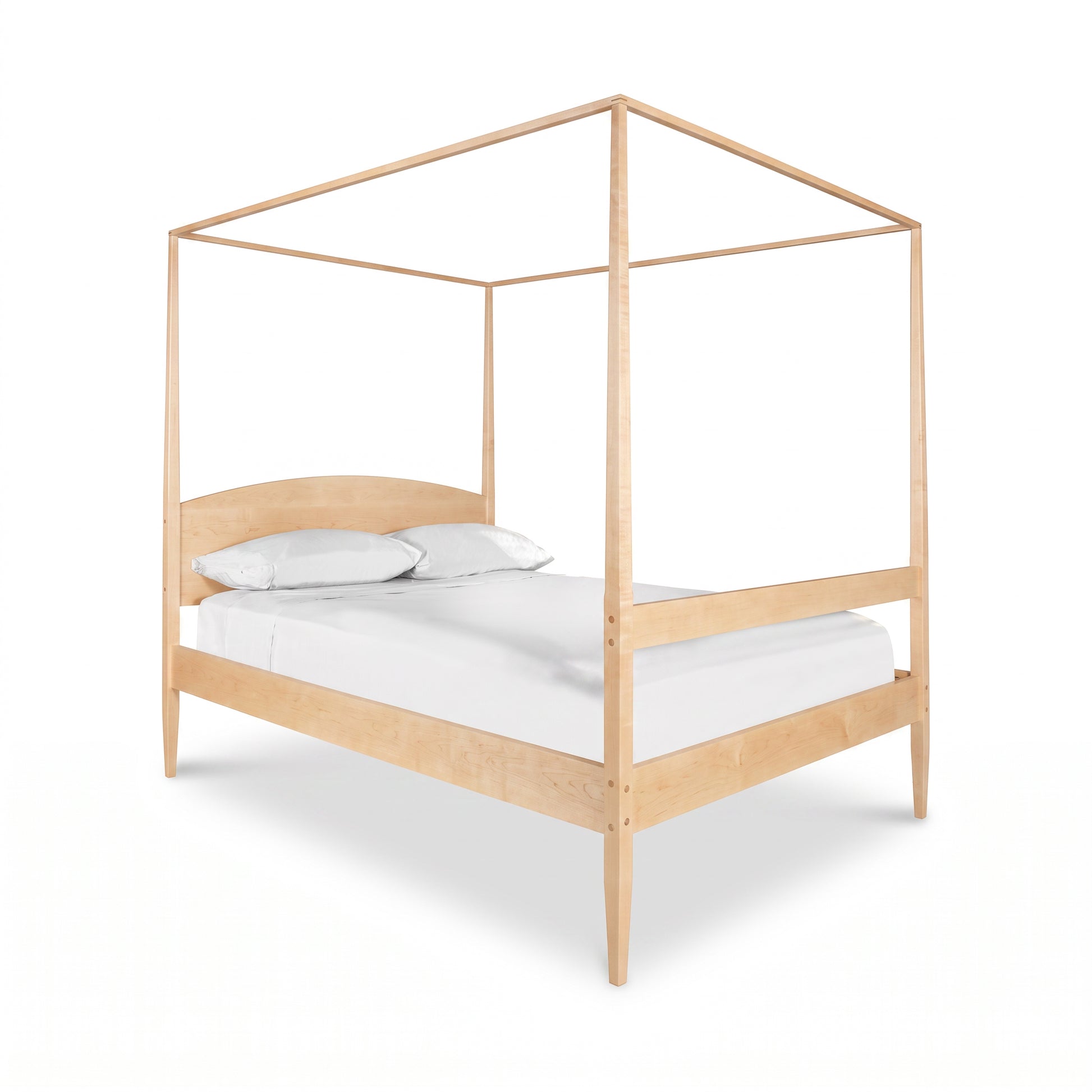 Vermont Shaker Four Poster Bed with Canopy in natural maple wood by Maple Corner Woodworks, shown with crisp white bedding and two pillows.