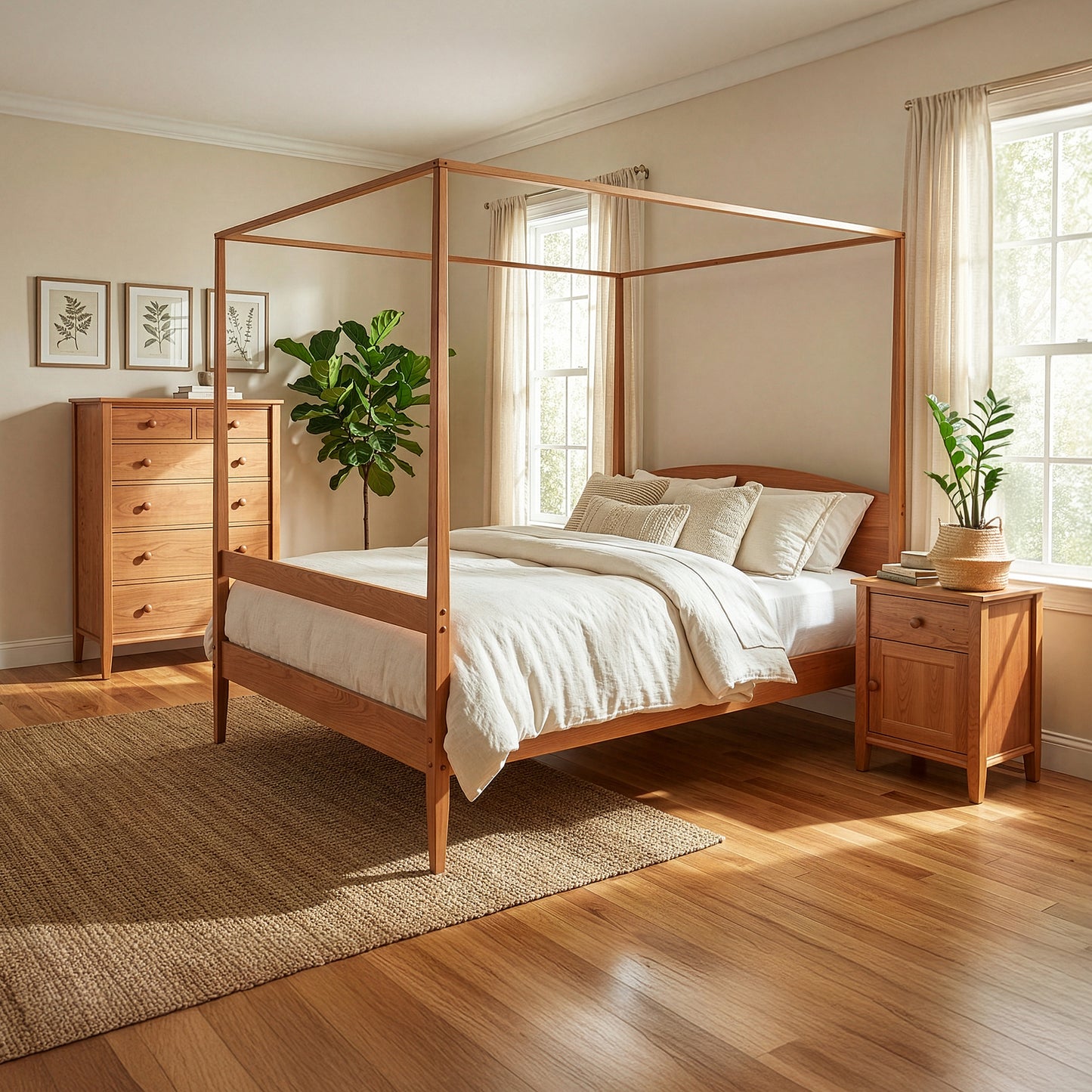 Vermont Shaker Four Poster Bed with Canopy by Maple Corner Woodworks, crafted in the USA, shown with crisp white bedding in a sunlit bedroom.