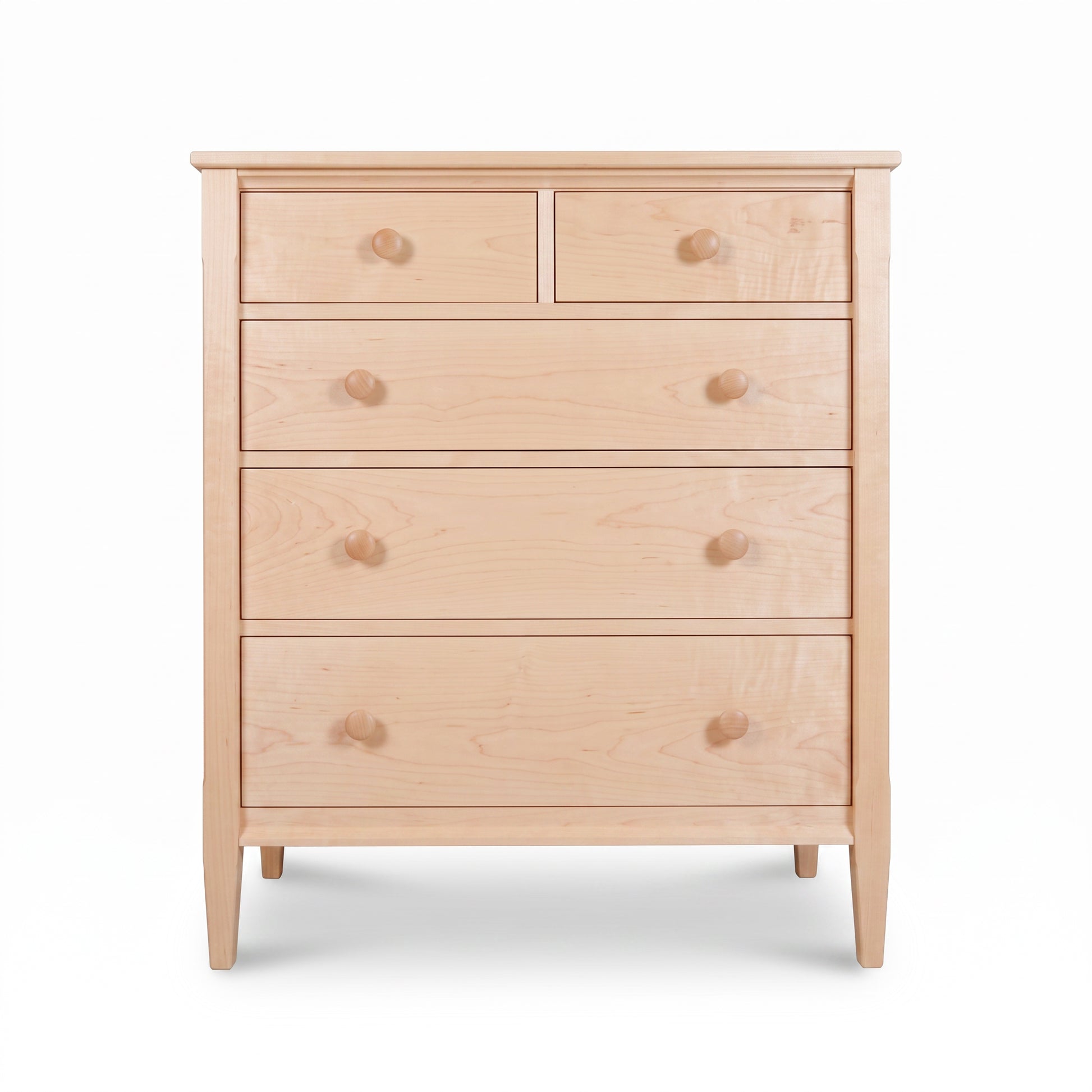 Vermont Shaker 5-Drawer Chest by Maple Corner Woodworks in light wood, with two small top drawers and three larger drawers, all with round knobs.