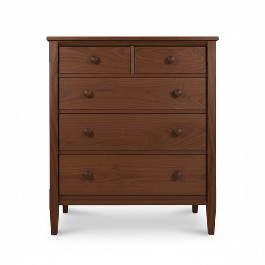 Vermont Shaker 5-Drawer Chest by Maple Corner Woodworks in solid wood with round knobs, highlighting American craftsmanship and classic design.