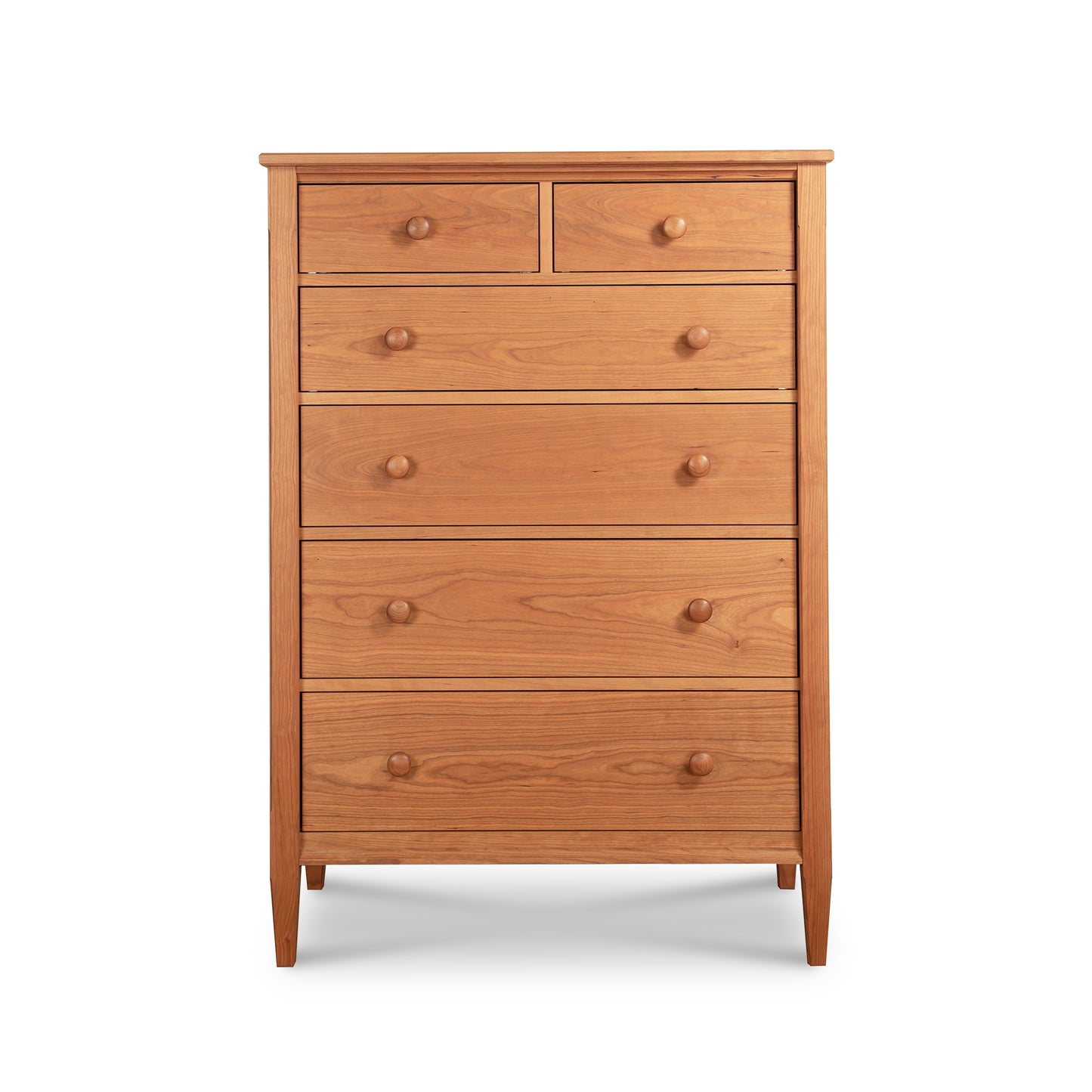 Vermont Shaker 6-Drawer Chest by Maple Corner Woodworks, tall with natural wood finish and round knobs, highlights expert Vermont craftsmanship.