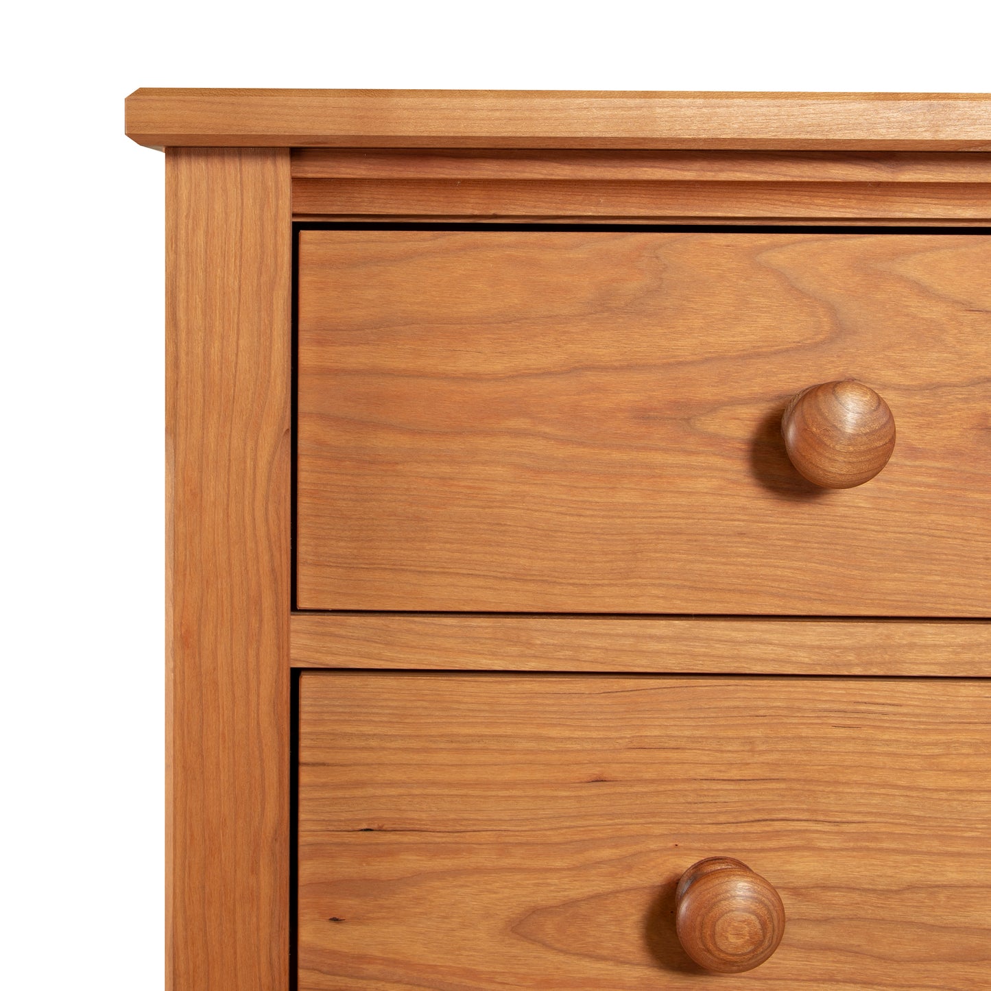 Vermont Shaker 6-Drawer Chest by Maple Corner Woodworks, showcasing finely crafted hardwood construction with elegant round wooden knobs and a natural wood grain finish.