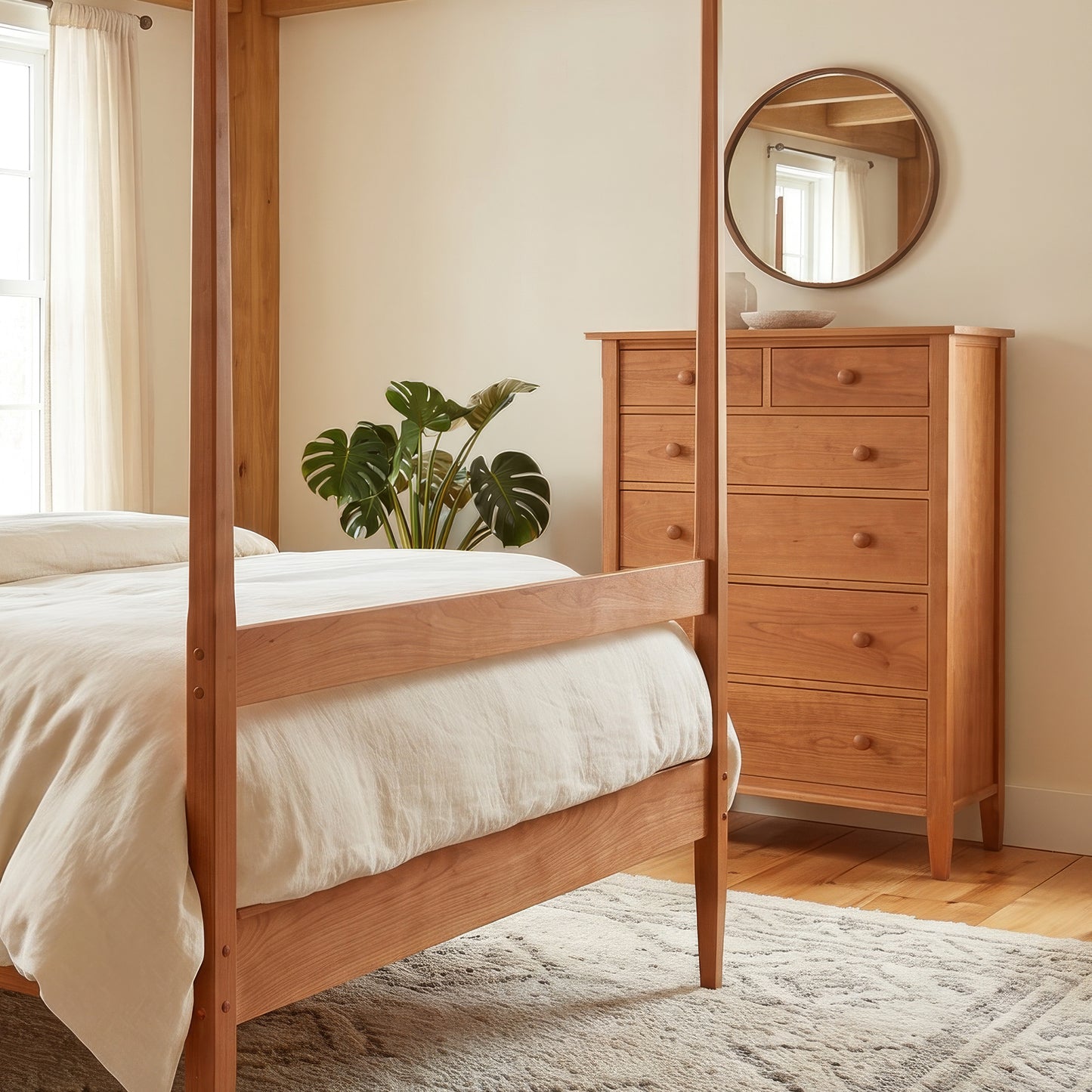 Maple Corner Woodworks Vermont Shaker 6-Drawer Chest and four-poster bed crafted from solid wood, showcasing American made furniture craftsmanship.