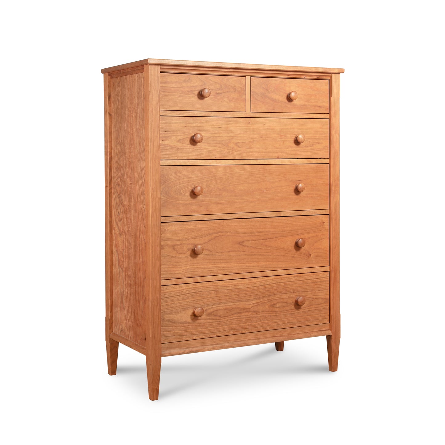 Vermont Shaker 6-Drawer Chest by Maple Corner Woodworks, featuring handcrafted hardwood construction, six versatile drawers, round wooden knobs, and a natural wood finish.