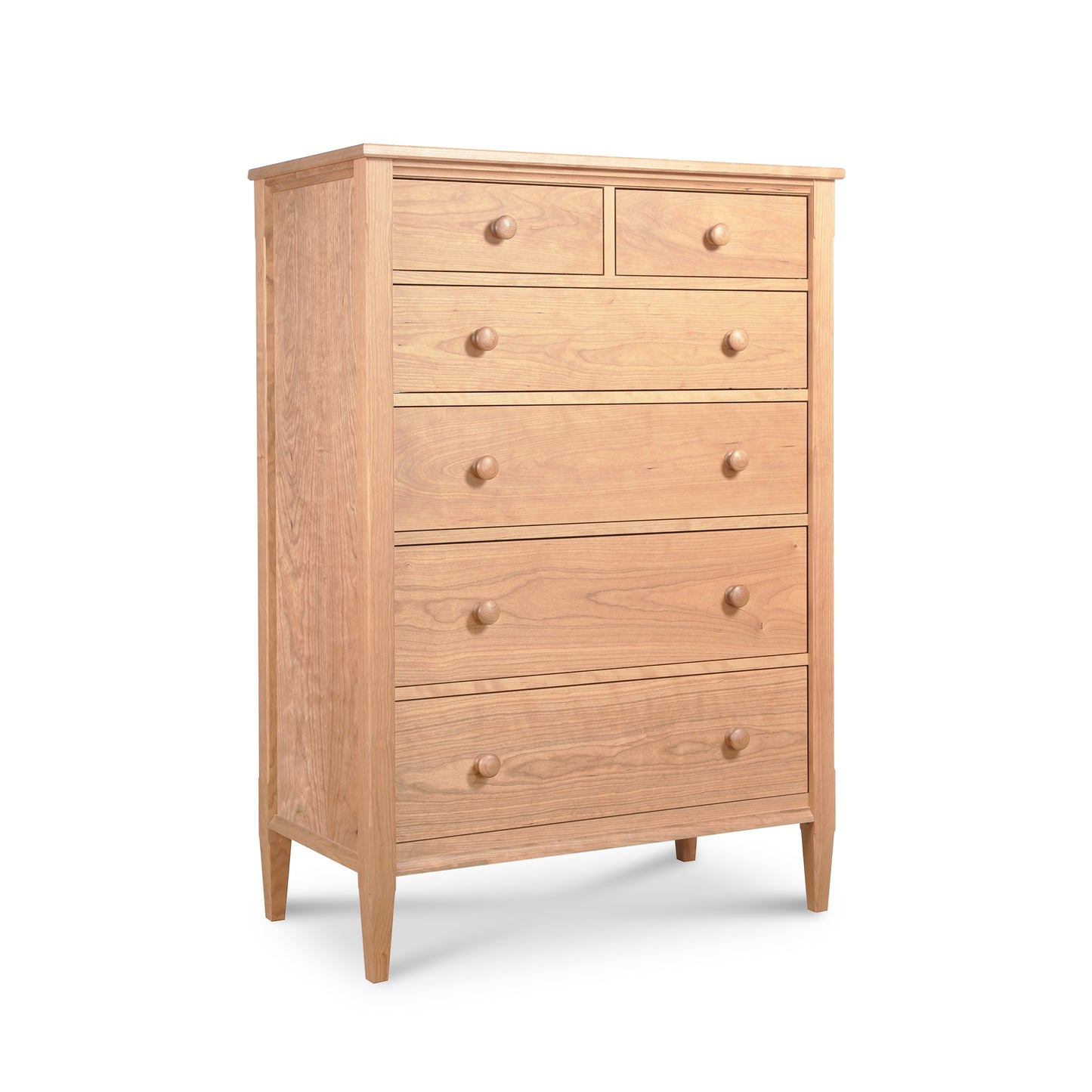 Vermont Shaker 6-Drawer Chest by Maple Corner Woodworks, handcrafted hardwood with six drawers, two smaller top and four larger below, adorned with round knobs for elegant bedroom storage.