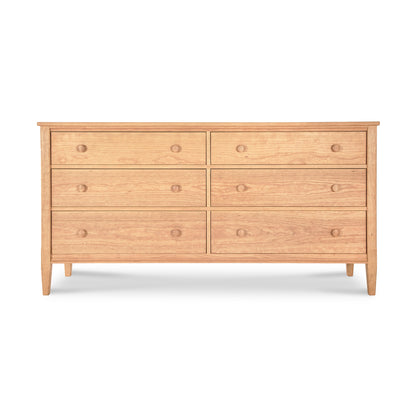 Vermont Shaker 6-Drawer Dresser by Maple Corner Woodworks with round knobs and natural finish, showcasing exceptional solid wood craftsmanship.