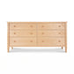 Vermont Shaker 6-Drawer Dresser by Maple Corner Woodworks in light maple wood with round knobs and tapered legs, American made bedroom furniture.