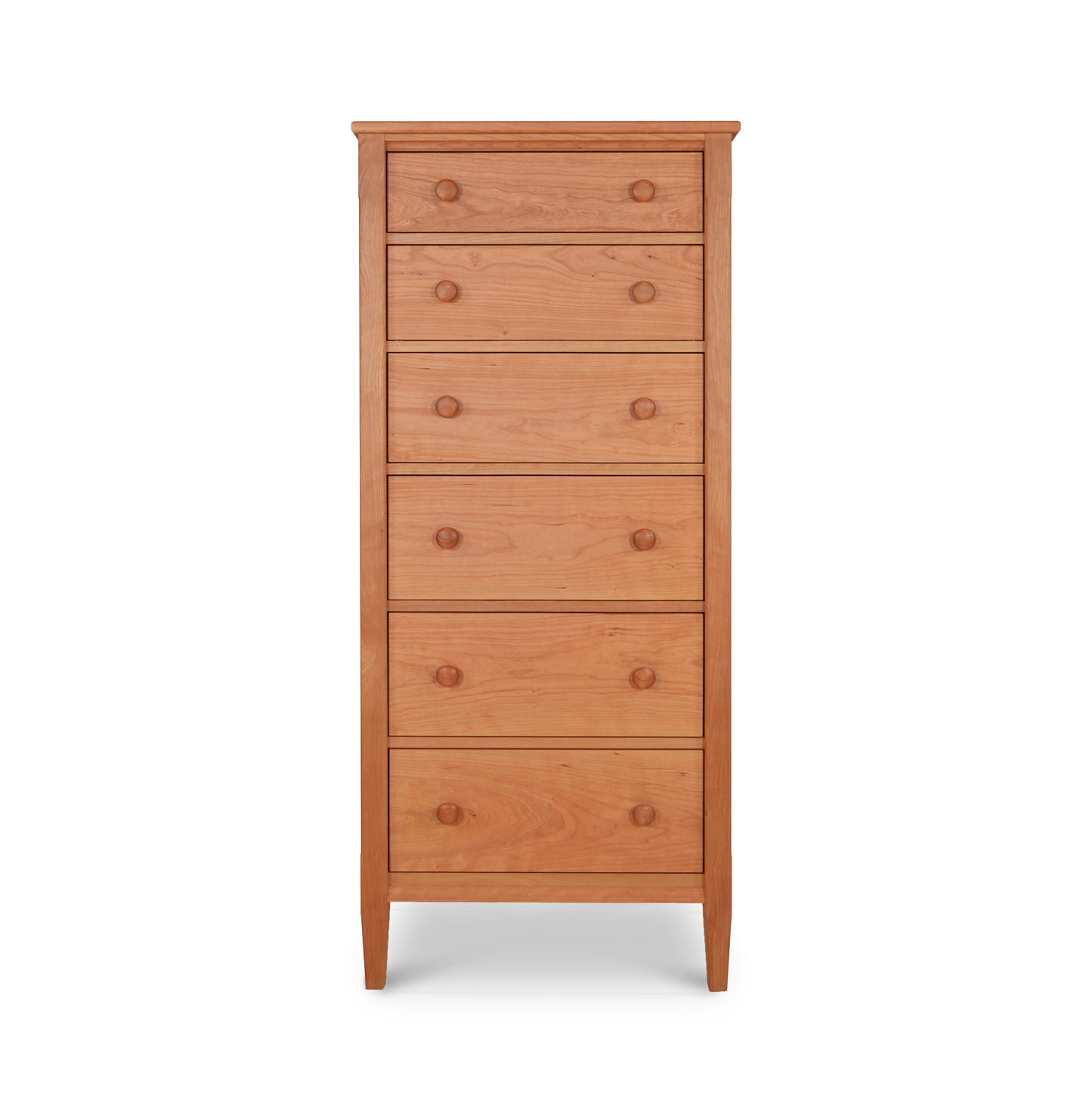 Alt text: A handcrafted, solid wood Vermont Shaker Lingerie Chest made from premium maple with a natural finish. Featuring six spacious drawers with round wooden knobs and four sturdy legs, this classic design exemplifies the quality of American-made furniture. Perfect for adding elegant storage to any space, this piece is crafted by Maple Corner Woodworks.