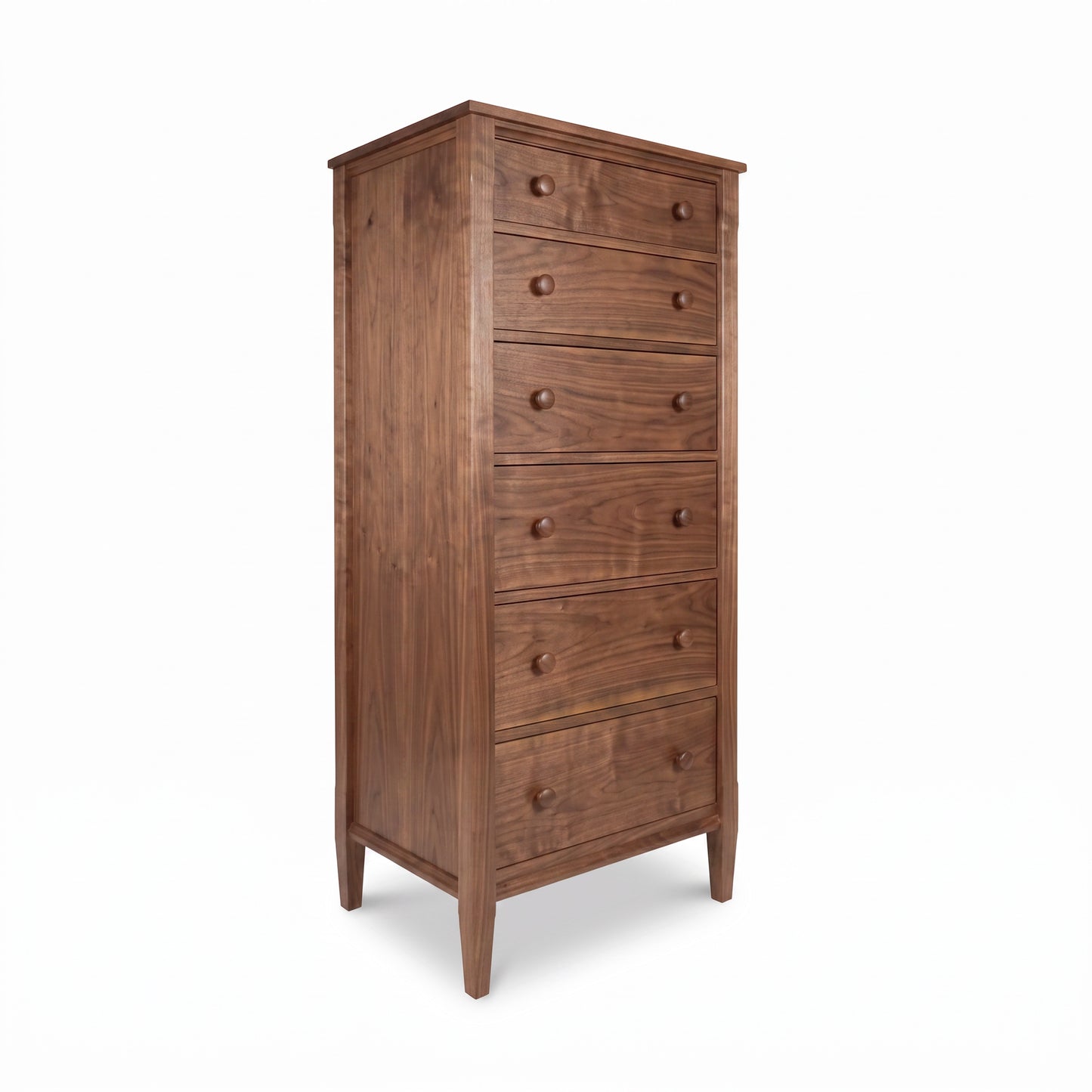 Vermont Shaker Lingerie Chest by Maple Corner Woodworks with six wooden drawers, rounded knobs, and elegant tapered legs in classic shaker design.