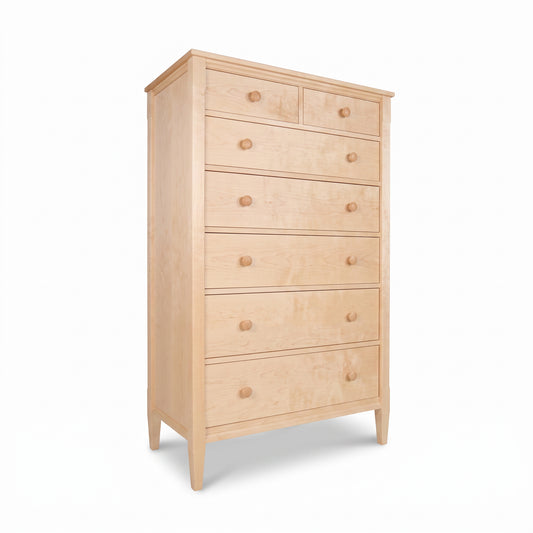 Maple Corner Woodworks Vermont Shaker 7-Drawer Chest crafted in maple hardwood with round knobs, American made, showcases quality craftsmanship.