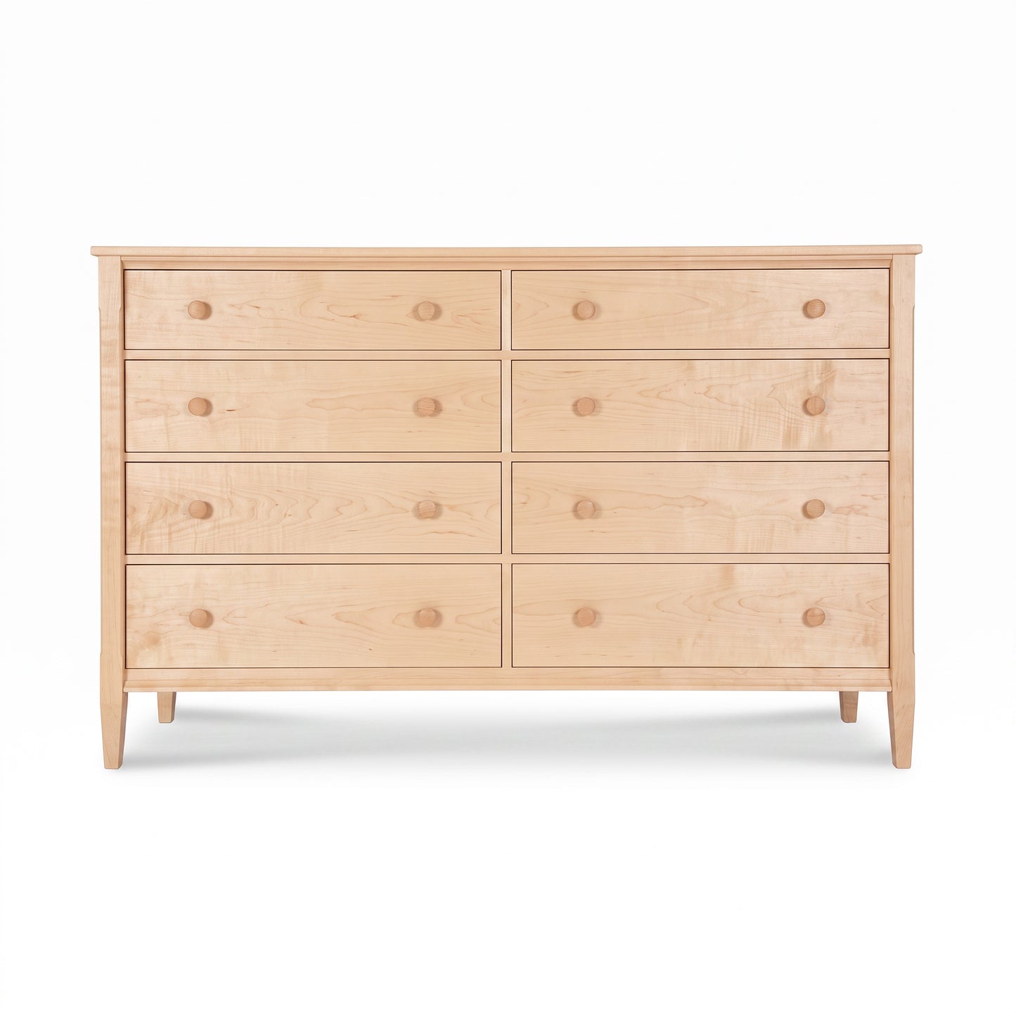 Vermont Shaker 8-Drawer Dresser by Maple Corner Woodworks in solid maple wood, featuring round knobs and tapered legs, expertly crafted in the USA.